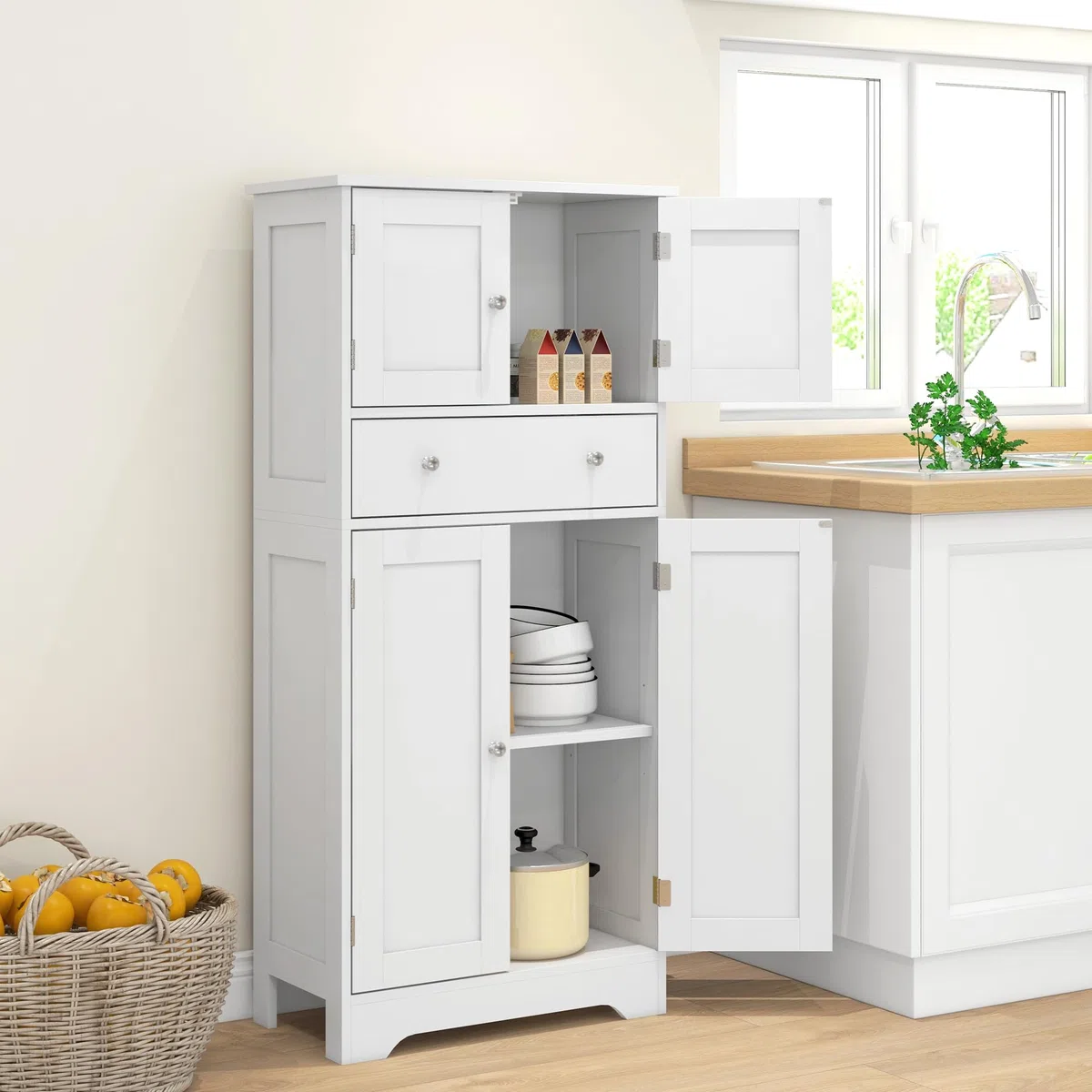 HOMCOM Armadio da cucina a buffet in stile moderno con armadietti, ripiani regolabili, cassetto, per sala da pranzo, soggiorno, 60 x 30 x 128 cm, bianco