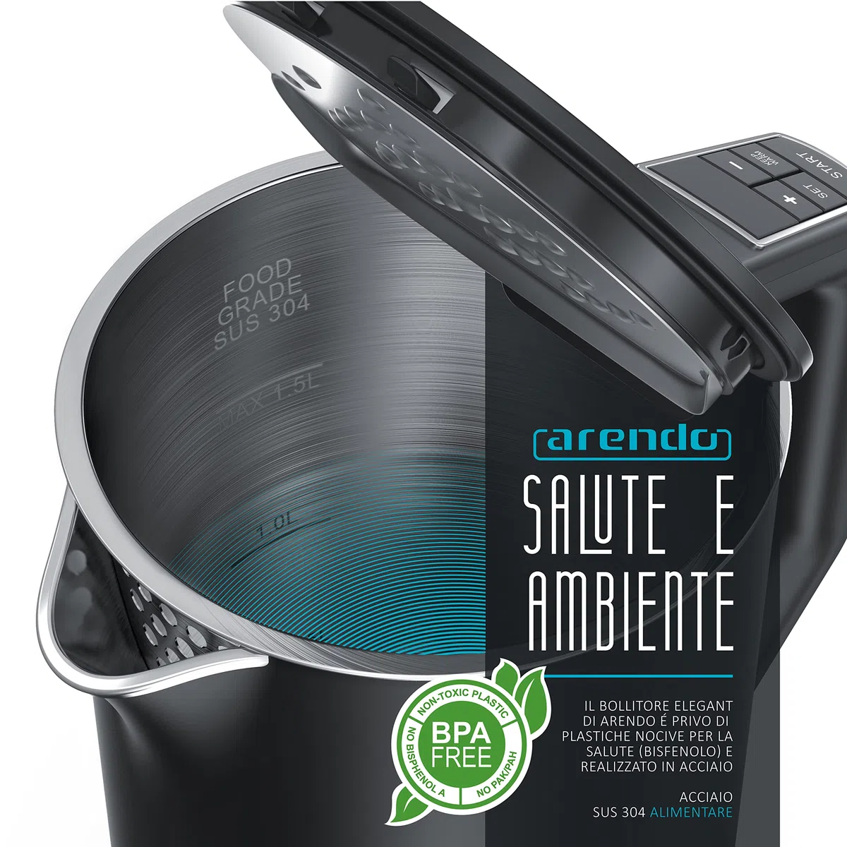 arendo - Bollitore Acqua Elettrico in Acciaio Inox - Modello Elegant - 1,5 Litri - 2200 W - Regolazidone della Temperatura da 40 a 100°C - Design a parete doppia - Nero