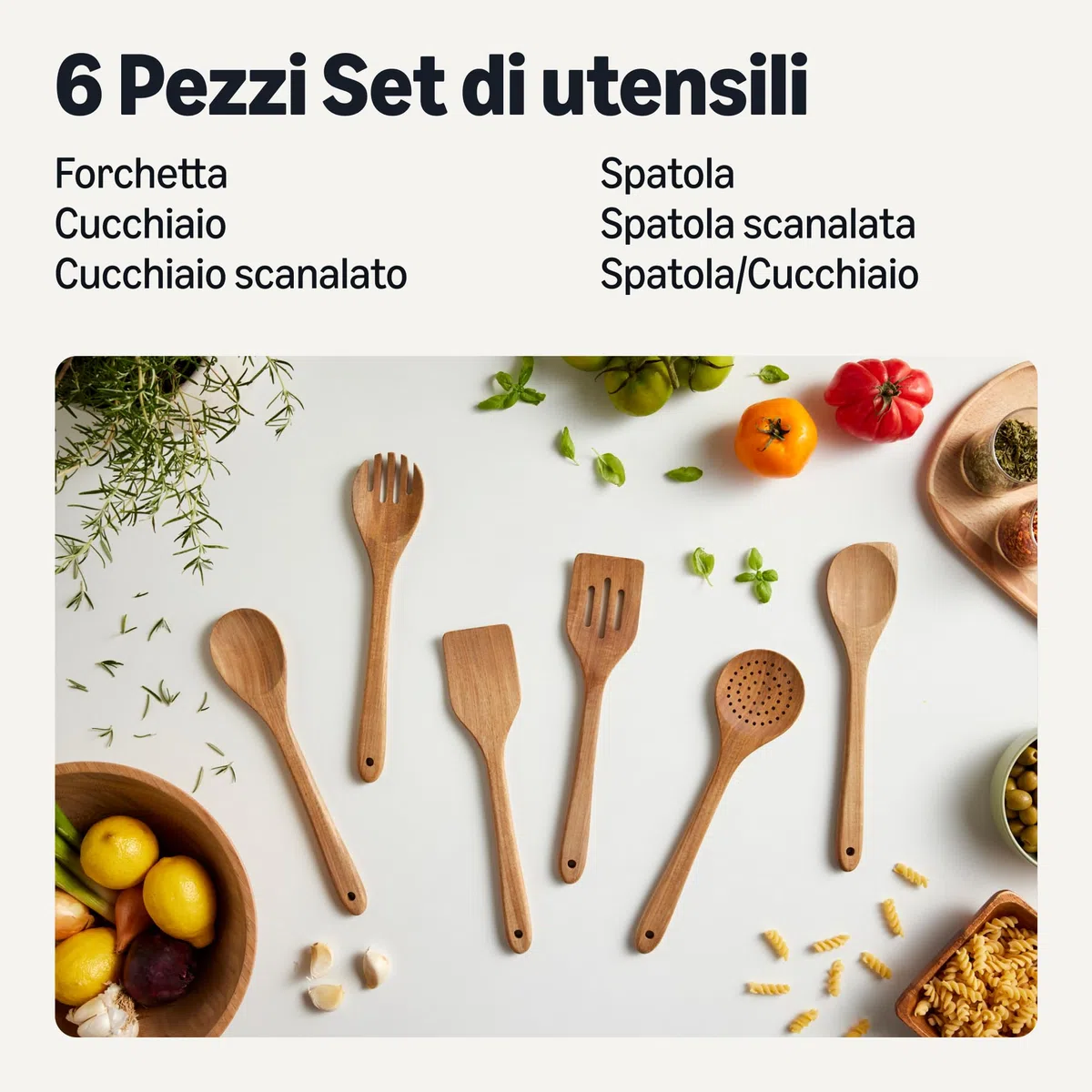 Amazon Basics - Utensili da Cucina in Legno, Set di 6 Pezzi, Legno di Acacia, Pre-Trattati con Olio, Sicuri per l’Uso con le Pentole