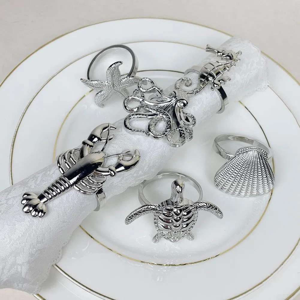 Maritim - Tovaglioli decorativi in metallo, 6 pezzi, motivo: animali marini (argento)