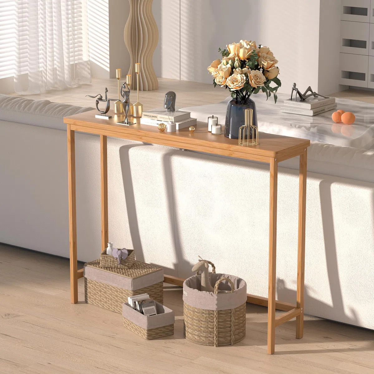 VASMIA Consolle Ingresso,Tavolo Consolle, 100 cm Tavolo Console Stretto,Tavolino da Divano Bambù per Soggiorno, Corridoio,Assemblaggio Semplice,Naturale