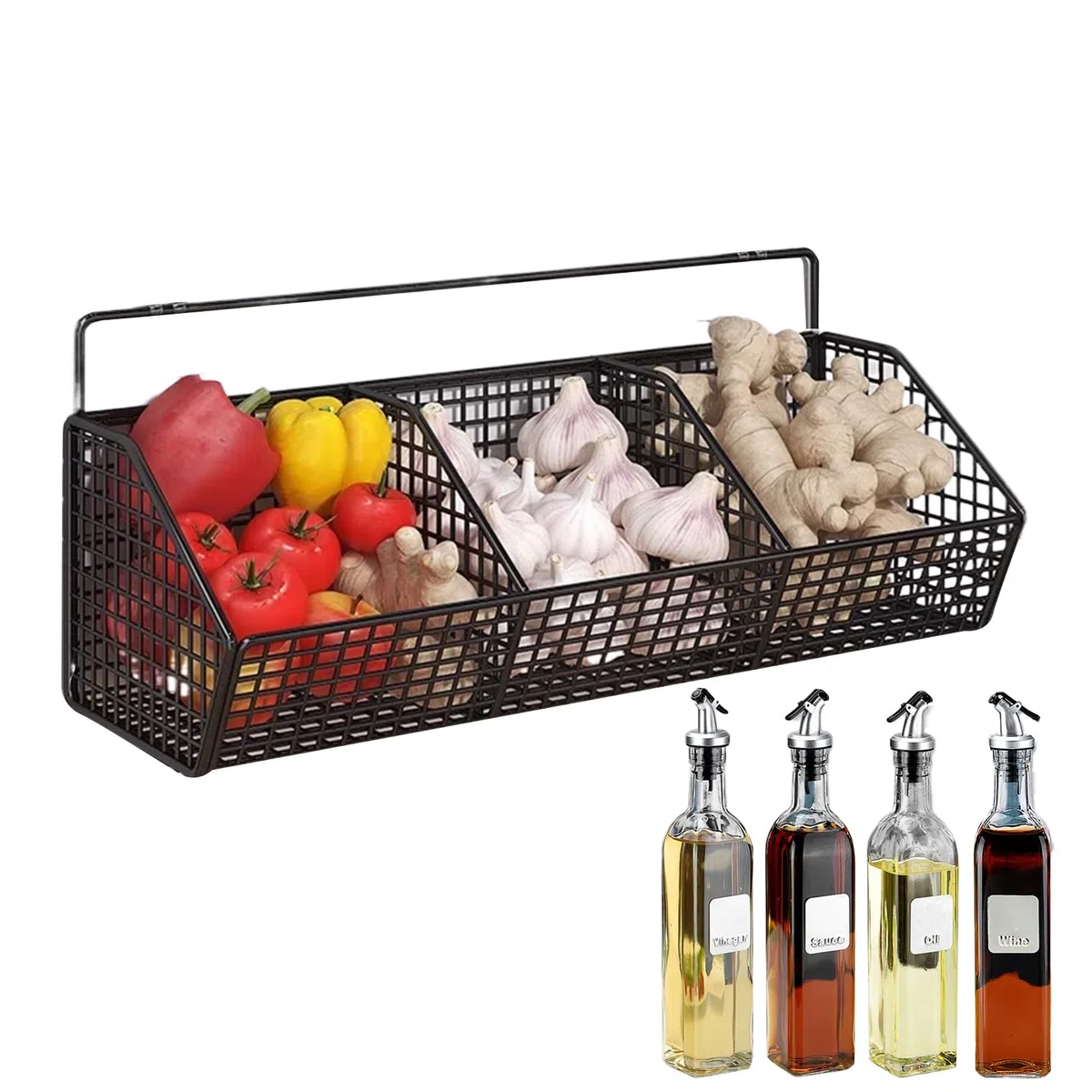 Portaverdure da cucina – Cesto portaoggetti da parete, contenitore a 3 livelli per patate, aglio, cipolle, organizer multiuso, cestino sospeso per verdure, soluzione