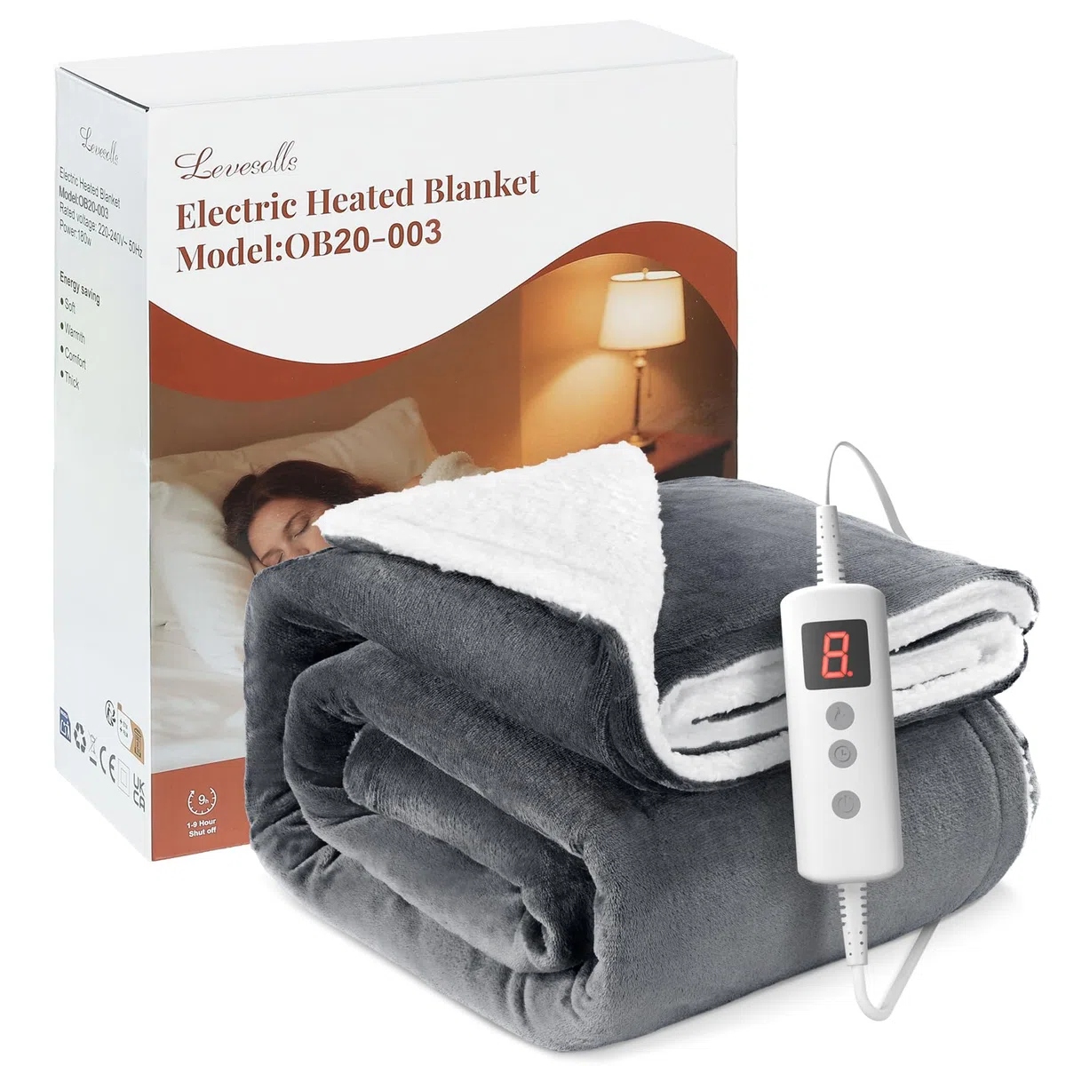 Coperta Termica Elettrica 200x180cm,Schermo LED-10 Livelli Temperatura,9 Impostazioni di Timer,Microfibra+Pile di Agnello,Lavabile,Riscaldamento Rapido,Spegnimento,Automatico-Grigio Scuro