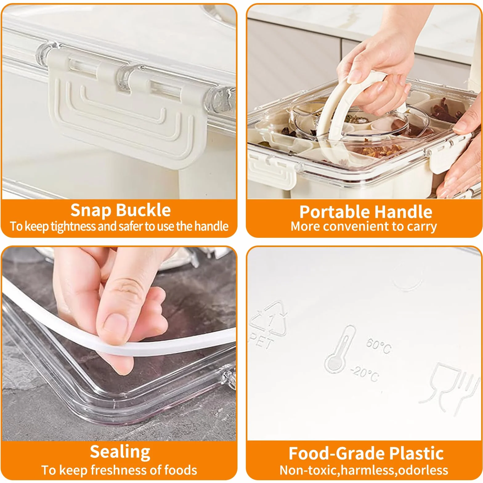 Vassoio Portata Diviso con Coperchio e Maniglia, Contenitore Portatile per Alimenti, Piatti Snack, 8 Scomparti Rimovibili per Feste,Organizer Riutilizzabile per Antipasti,Verdure,Caramelle,Frutta,Noci