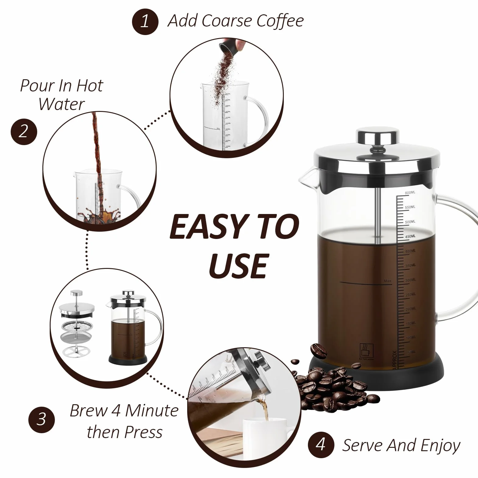 French Press, 600ml French Press Caffettiera Adatta per la Casa o in Viaggio