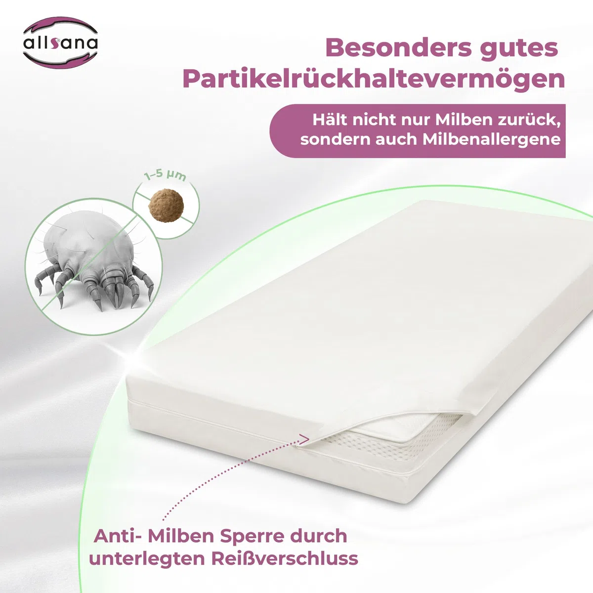 Allsana Coprimaterasso antiallergico, anti-acaro, per persone allergiche alla polvere, 160 x 200 x 20 cm