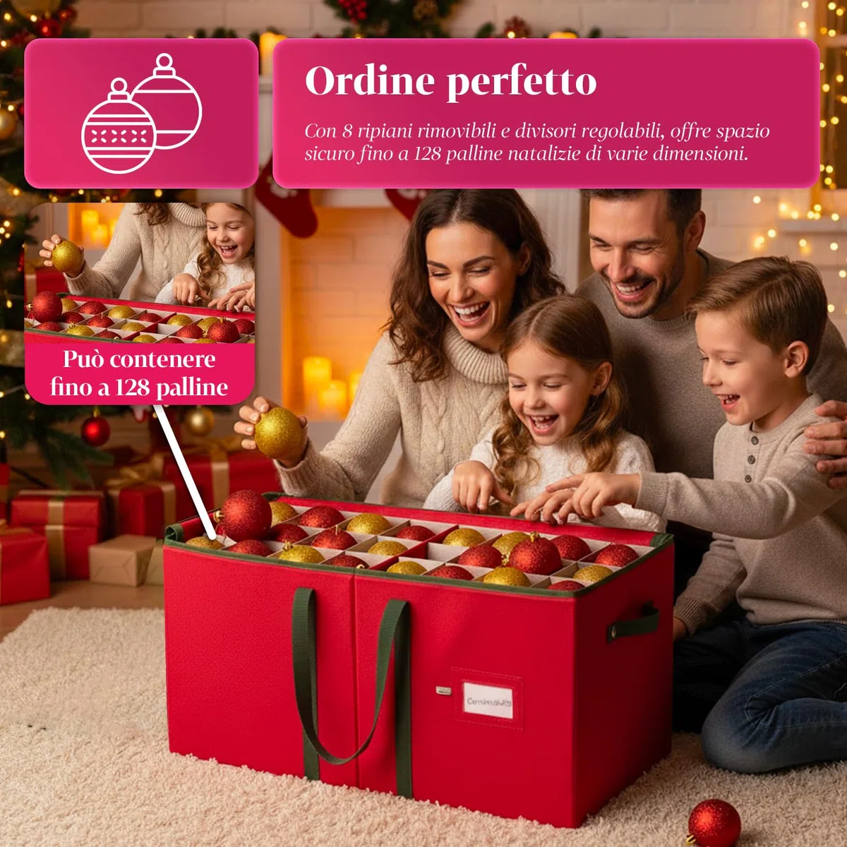 Wintem – Contenitore Porta Palline di Natale in TNT e Cartone Rigido 65x32x32 cm con 64 Scomparti Modulari e Manici Rinforzati, Chiusura Zip Resistente per Conservare 128 Decorazioni Natalizie