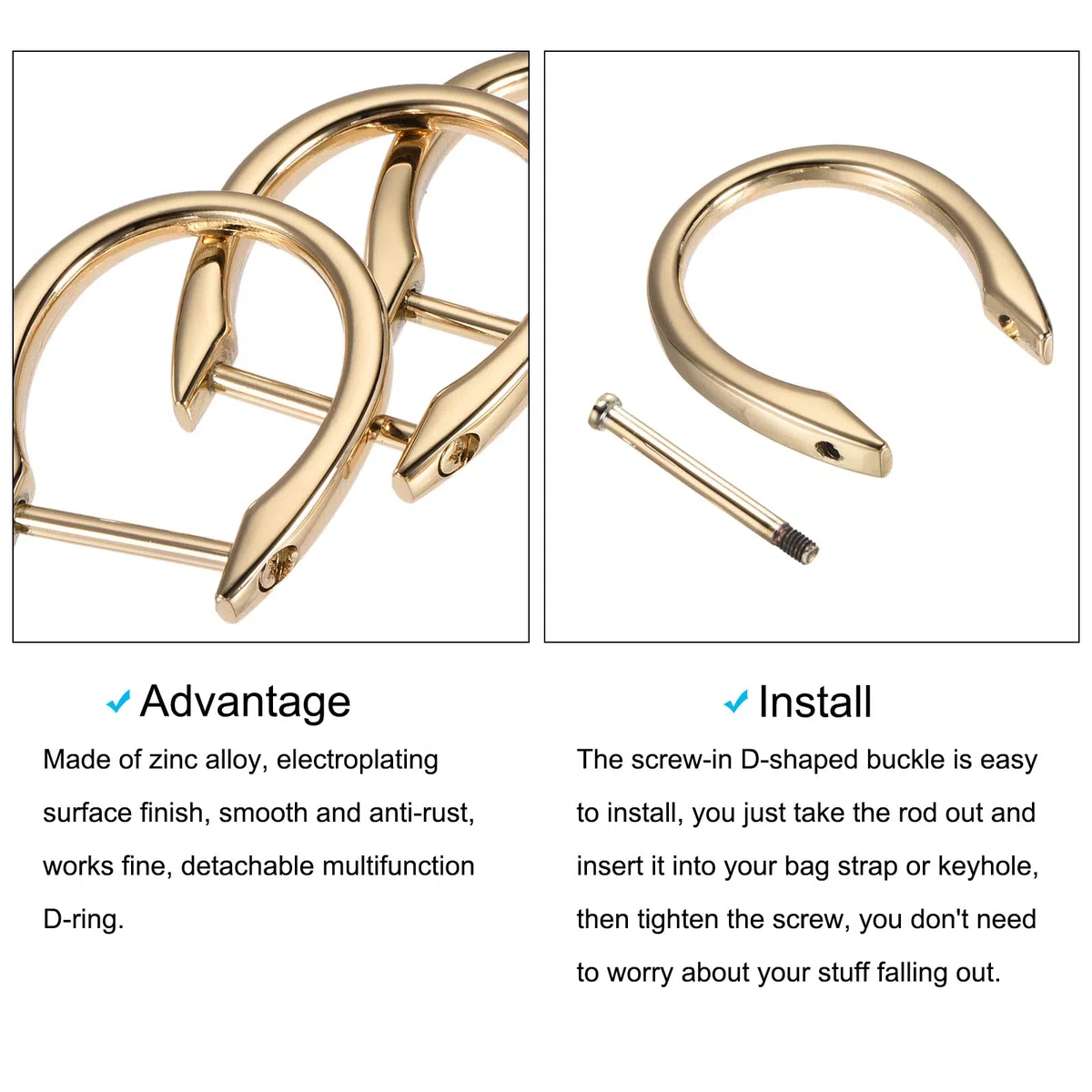 METALLIXITY Ferro Cavallo cerchio a D (29mm) 4pz, Avvitati Forma U Fibbie Grillo - per Auto Chiavi Portachiavi Borse Pelle Artigianato, Leggero Oro