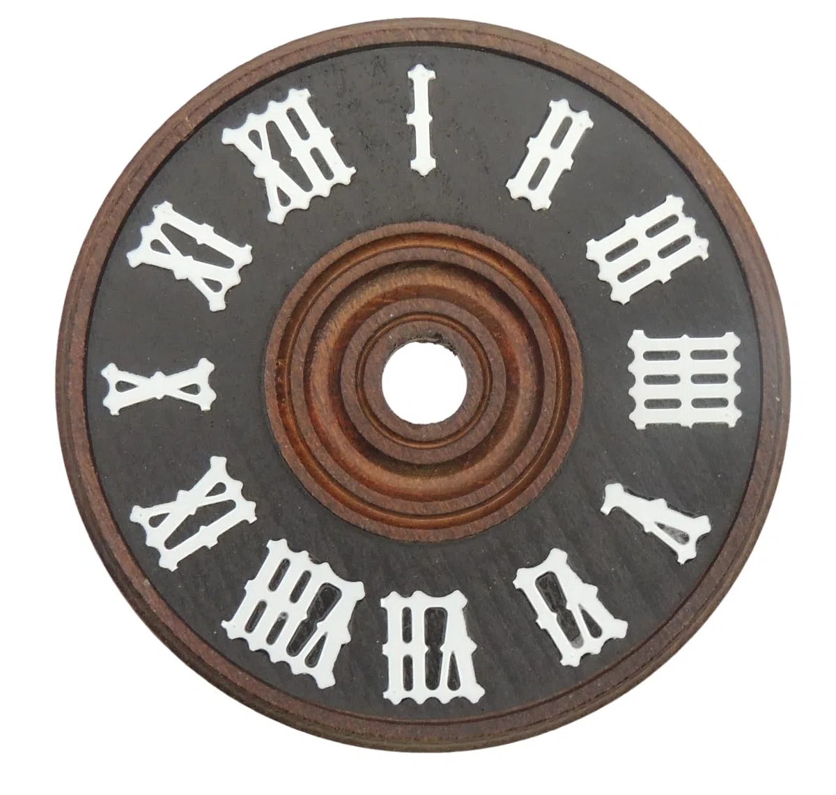 KD89 Quadrante a cucù in legno, marrone scuro, con numeri romani in plastica bianca, prodotto in Germania, dimensioni a scelta (80 mm)