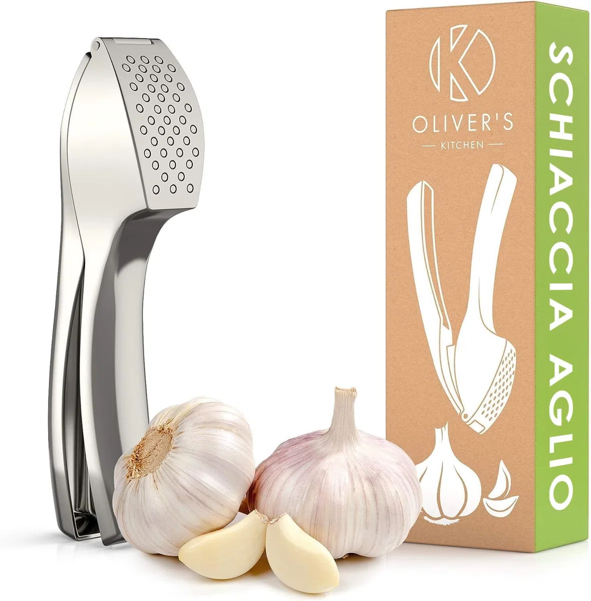 Schiaccia Aglio Premium Oliver's Kitchen ® - Spremiaglio Facile da Usare e da Pulire – Schiaccia Aglio e Zenzero Senza Fatica e Senza Sbucciare – Resistente e Durevole