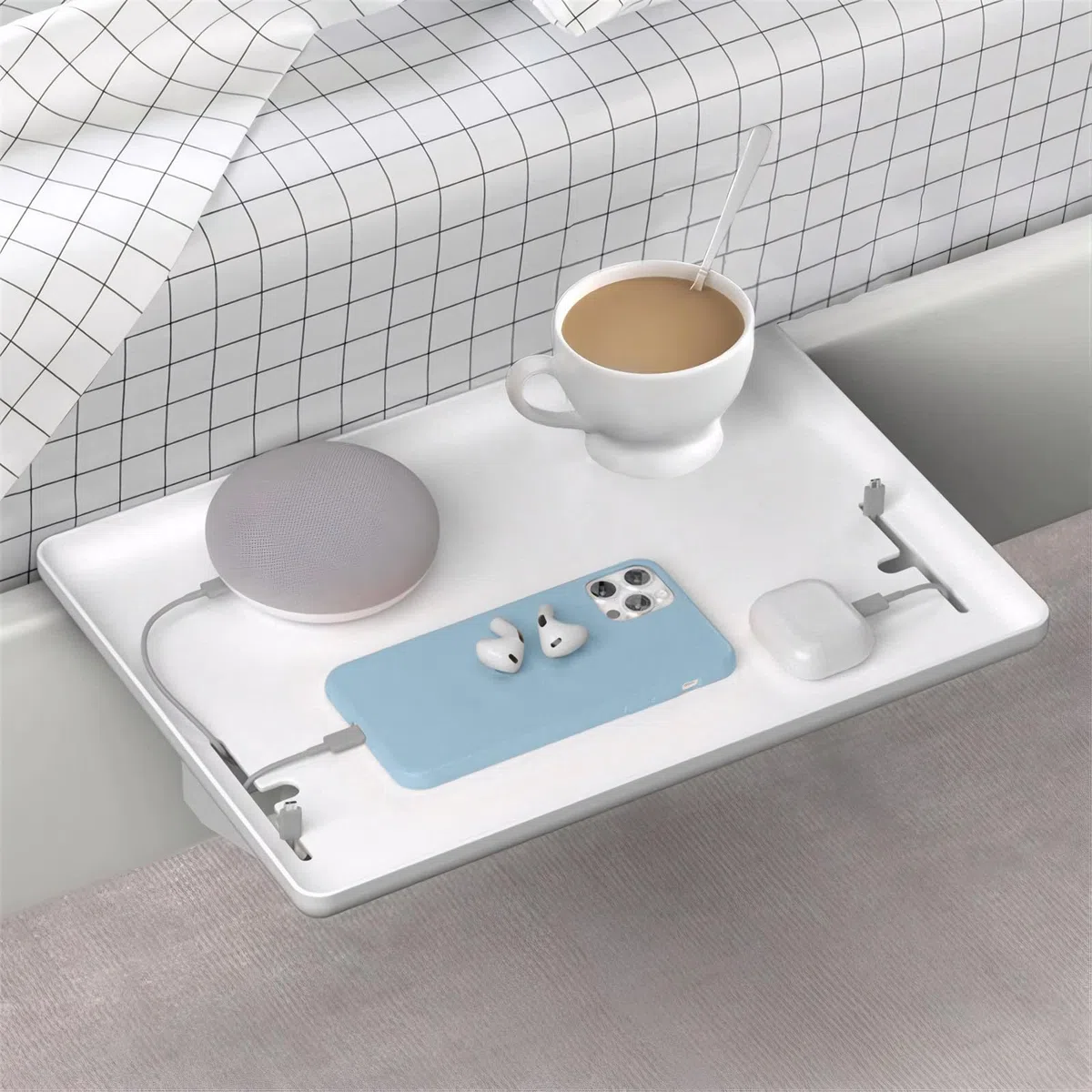Mensola Comodino da Appendere, Tavolino da Letto per Letto a Castello, Dormitorio, Loft, Bagno, Mensola Comodino e Vassoio da Letto, Bianco