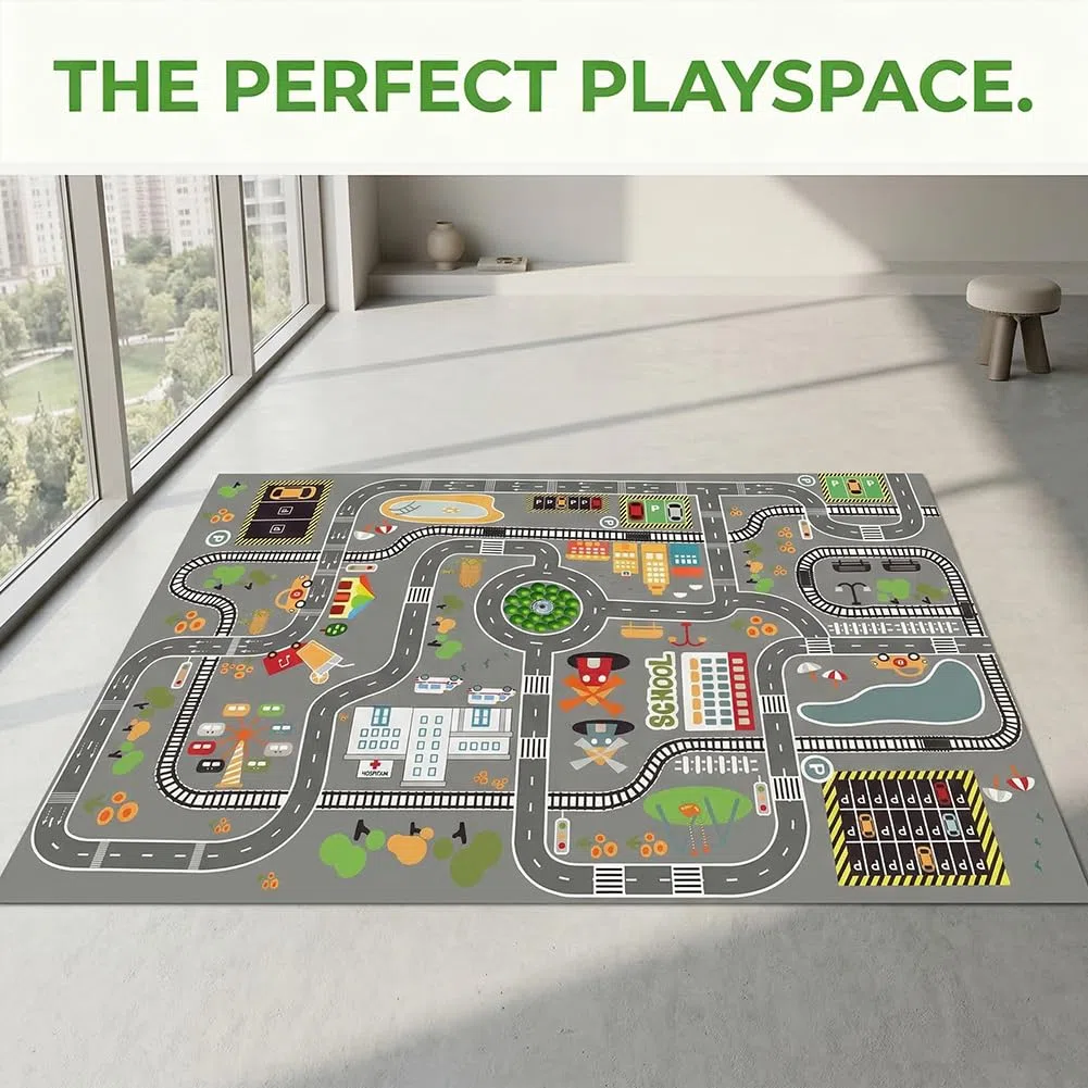 Tappeto con Tracciato Stradale Cartoon, Tappeto Mappa Città, Carpet in Fibra di Poliestere,Carpet Decorativo Antiscivolo e Lavabile per Ambienti Domestici-80x120cm
