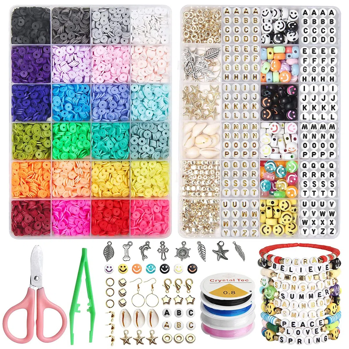 Perline Piatte per Braccialetti, 7048 Pezzi Perline con Lettere e Faccina Sorridente per Braccialetti,24 Colori da 6 mm di Argilla Polimerica per Bigiotteria Fai da Te