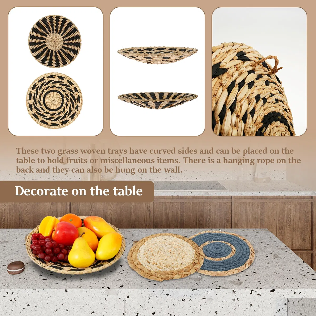 Set di cesti da parete in tessuto da appendere, arazzo boho, 7 cesti unici fatti a mano in erba marina per casa colonica e parete, tavoli e altro, pronti da appendere con chiodi