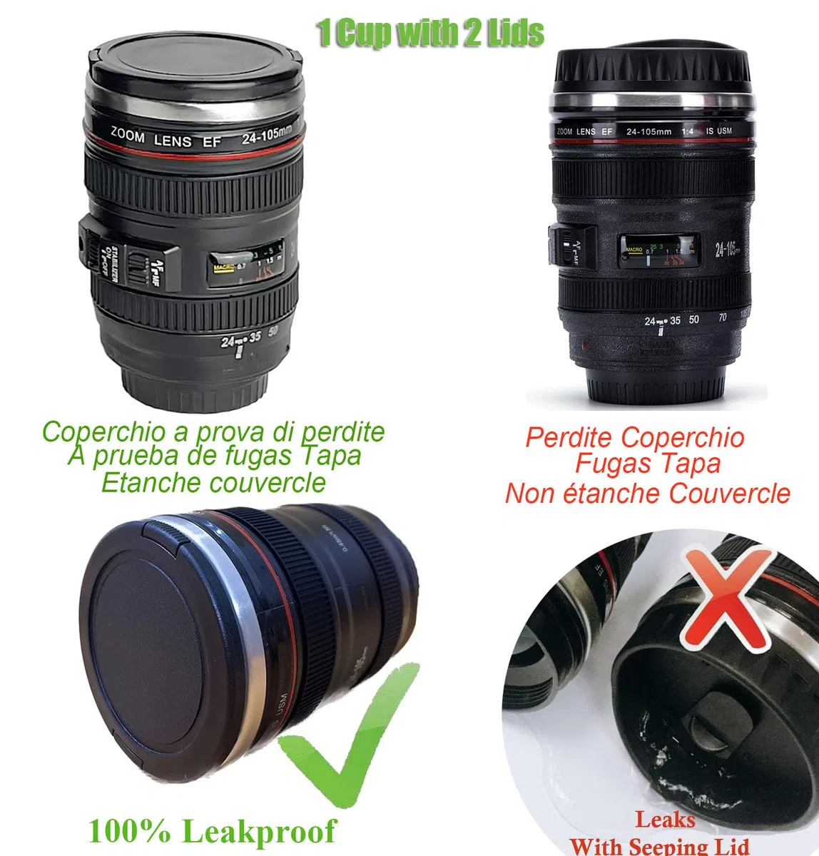 SLOSH Tazza Viaggio Caffè Obiettivo Camera Lens Con 2 Coperchi Tazza Auto Ufficio Acciaio Inox Tumbler Travel Mug Tazze Macchina Fotografica fotografico Cup (GE-II-V)