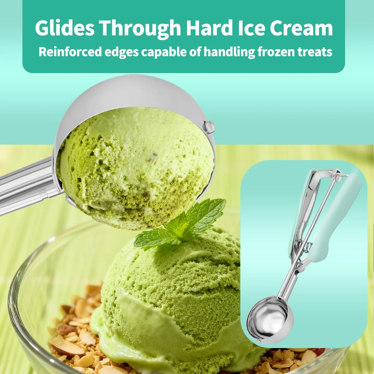 Set di 2 Porzionatori per Gelato e Impasto Biscotti in Acciaio Inox 18/8, Cucchiaio Dosatore con Impugnatura Morbida Ergonomica e Sistema a Molla per Cupcake, Muffin, Polpette - Rosa & Verde Menta
