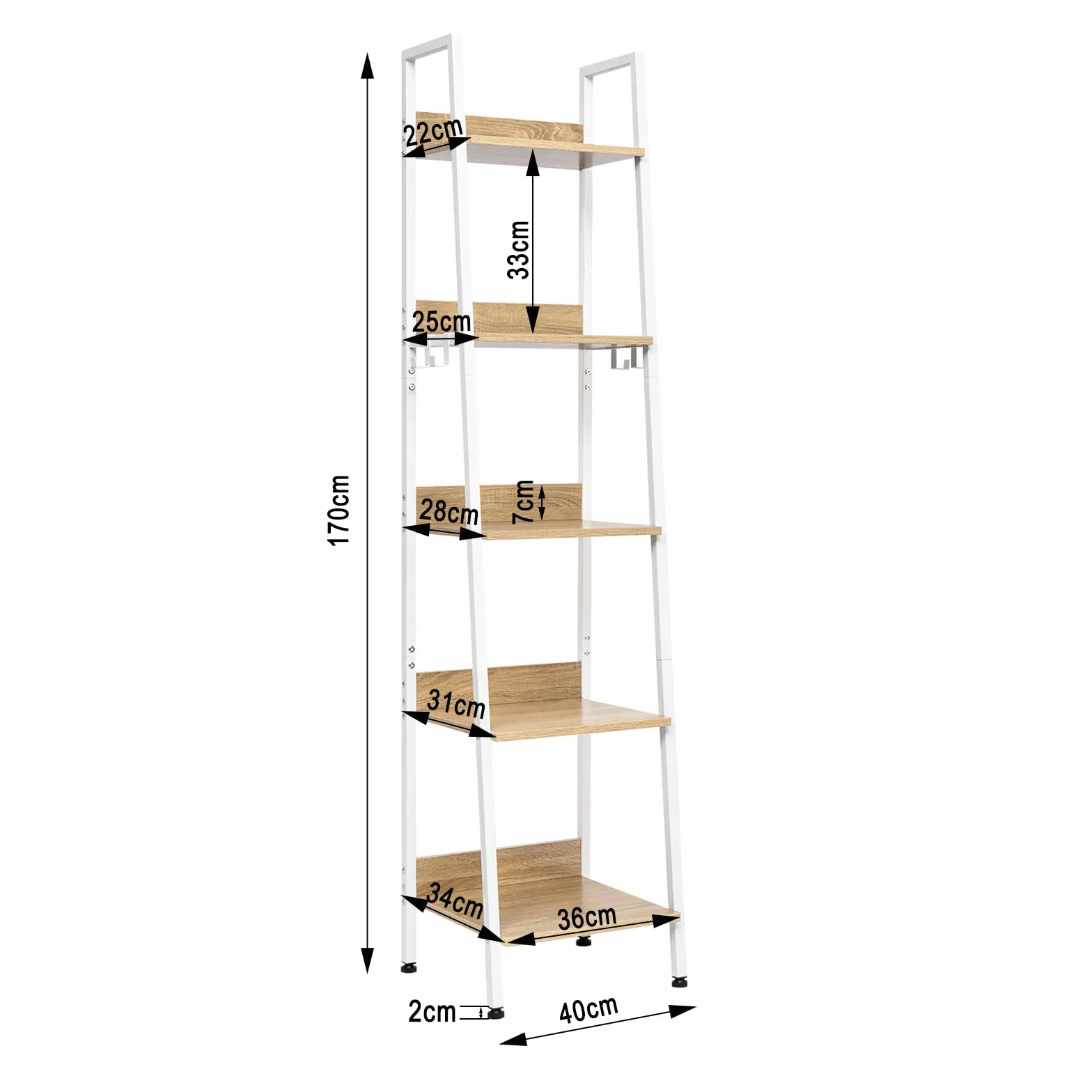WOLTU Libreria a 5 Ripiani, Scaffale con 4 Ganci Industriale, Scaffale a Scala in MDF e Metallo per Soggiorno, Cucina, Studio, Ufficio,Bianco, 40x36x170cm RGB9289whe