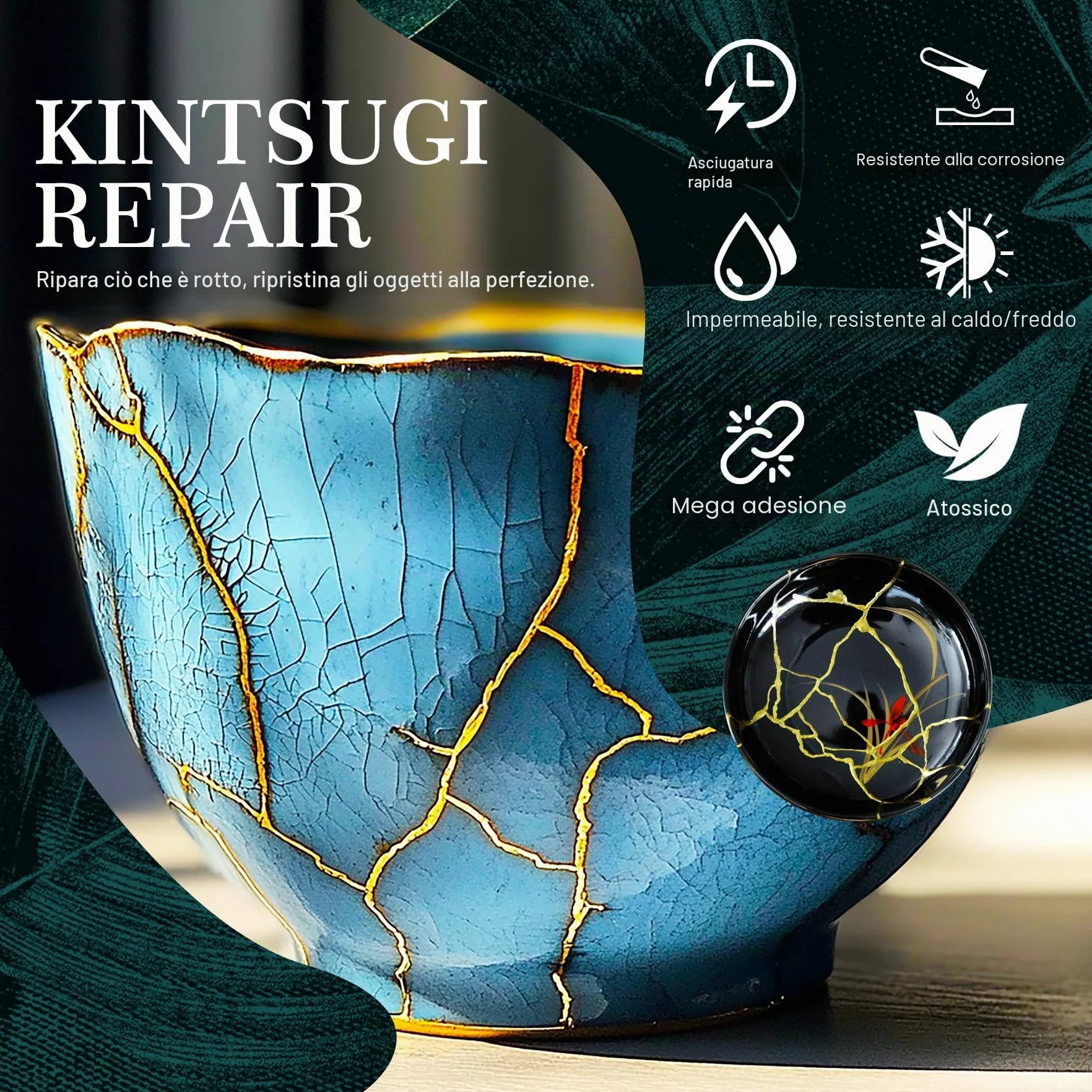 Kintsugi Set Riparazione Ceramica 50ml Oro Argento Adesivo Porcellana Sicuro Alimenti