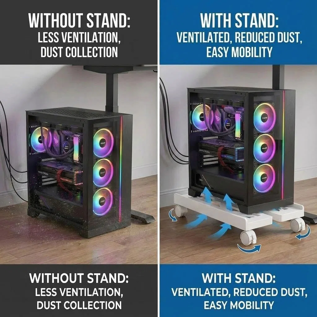Pc Stand, Mobile Cpu Stand, Supporto Universale Regolabile, Computer Desktop Stand con 4 Ruote, per Gamer, Casa, Ufficio Bianco