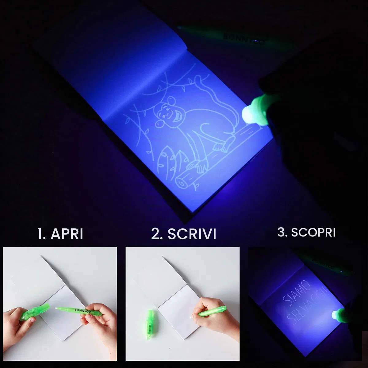 BONNYCO Penna Invisibile e Taccuino, 16 Pezzi Animali Giungla Gadget Compleanno Bambini. Regalini Fine Festa Compleanno Bambino, Regalino Fine Festa Pignatta. Penne Magiche, Gadget Bambini Animali