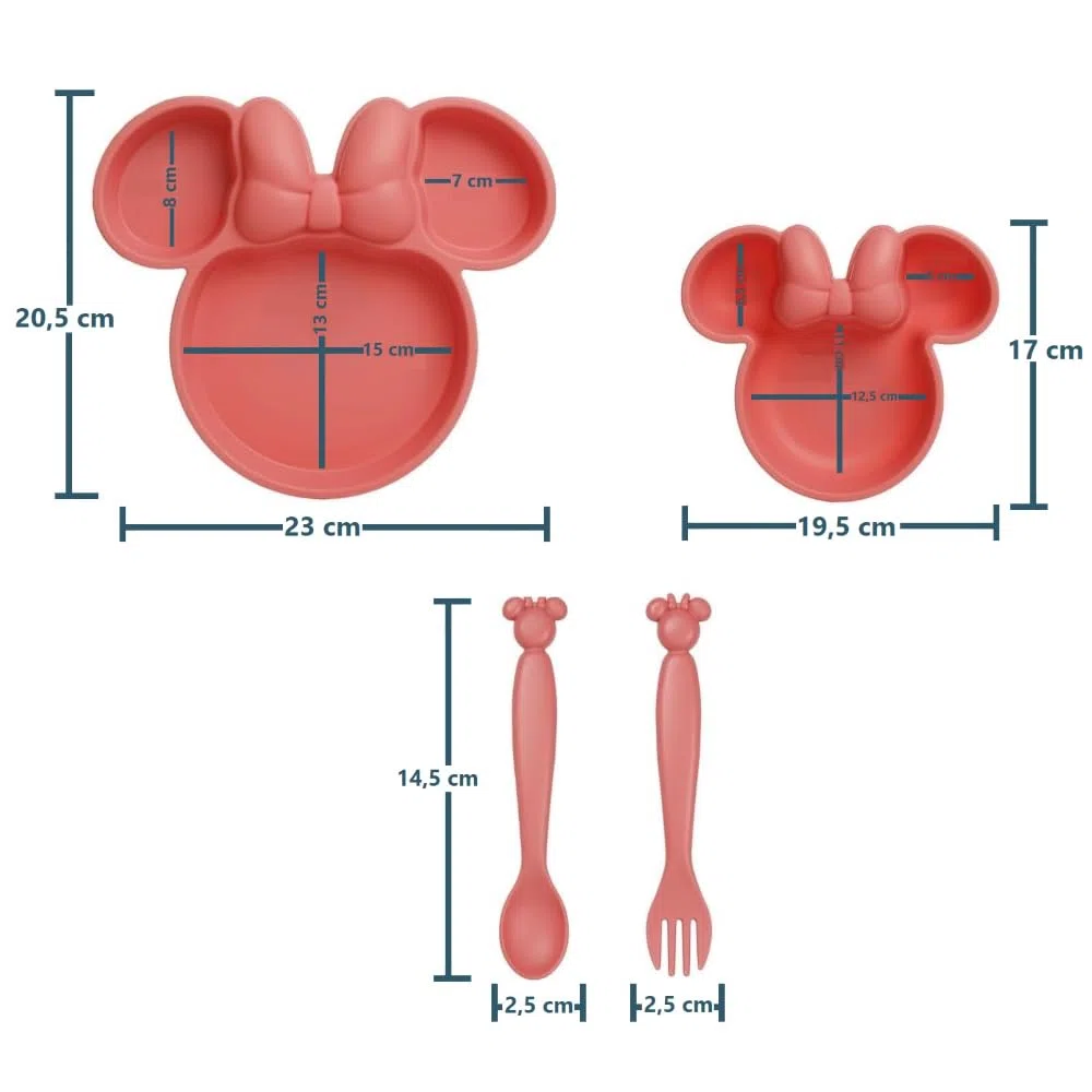 CARTOON Set 4 stoviglie Minnie Disney in plastica riutilizzabile adatto al microonde set pappa sagomato piatti e posate accessori pranzo per bambini