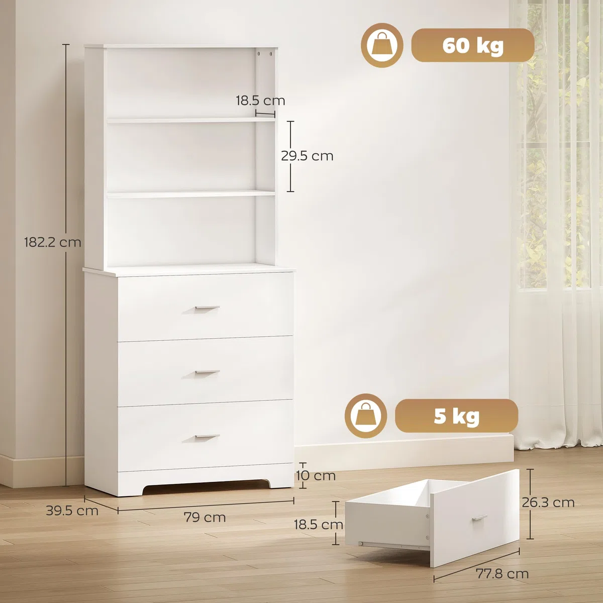 HOMCOM Libreria Scaffale Alta 182.2 cm a 3 Ripiani Aperti e 3 Cassetti, Libreria Verticale Salvaspazio, Mobile Portaoggetti in Legno per Soggiorno, Camera da Letto, Studio e Ufficio, Bianco