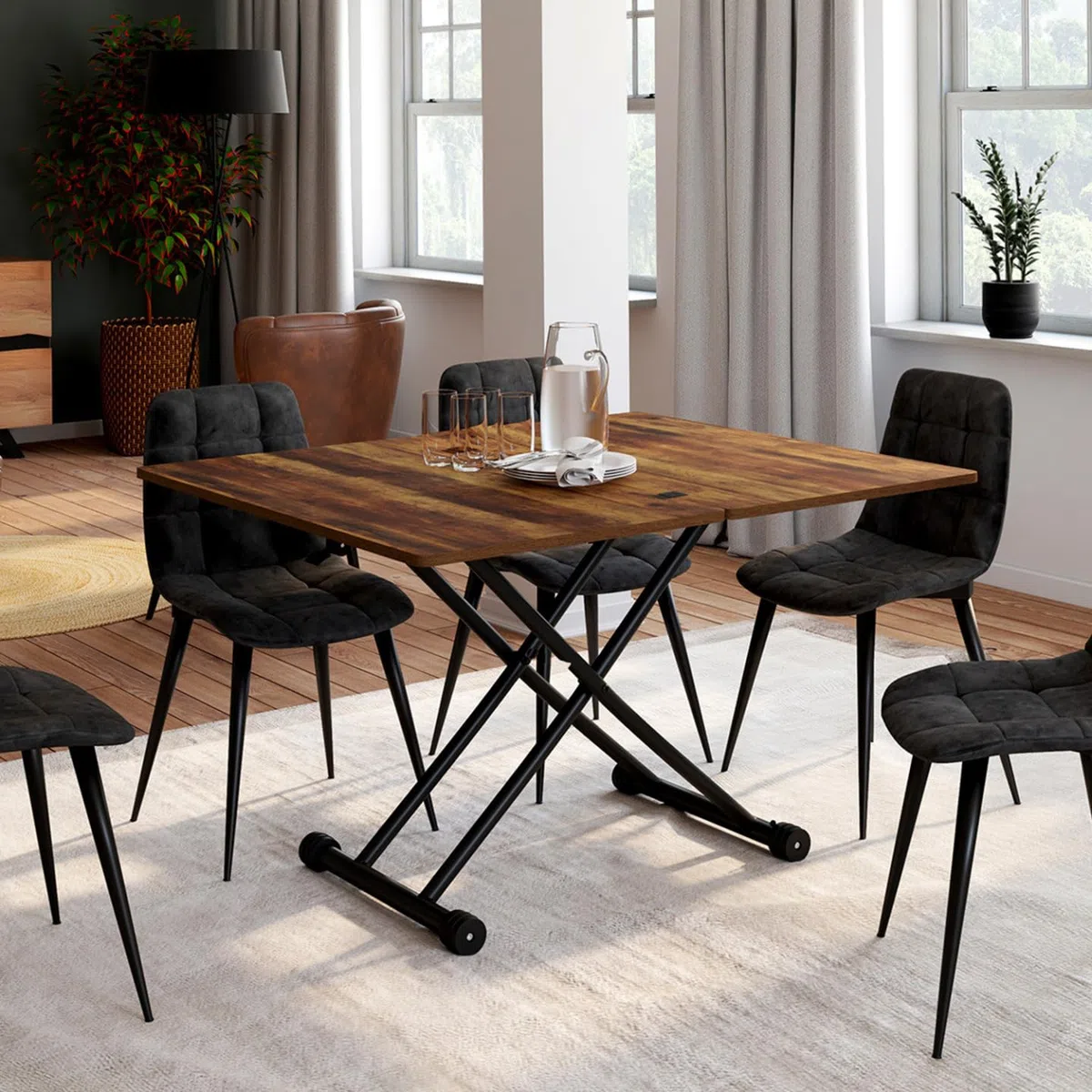 IDMarket - Tavolino 2 in 1 URBANA, trasformabile in tavolo da pranzo rettangolare, 100 cm, legno scuro e nero, design industriale