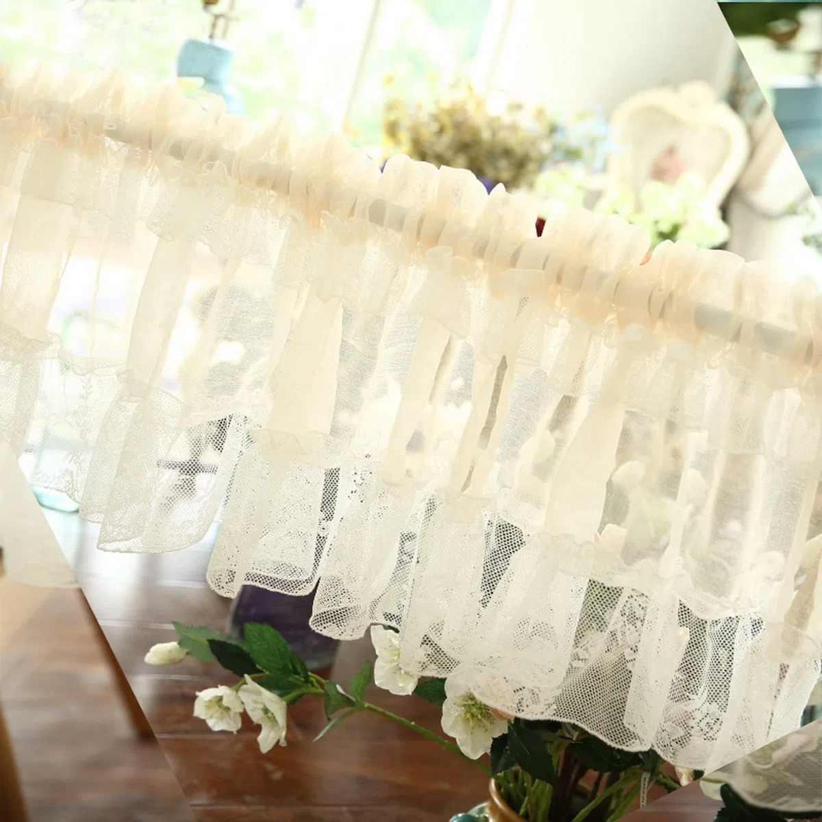 A.Monamour Tenda Corta per Finestra Piccola Tulle Pizzo Ricamato Voile Trasparente Beige Tendina Tenda da Cucina Bistrot Caffè Mezza Tenda Mantovana Tenda a Vetro Tenda a Pannello Tenda Porta Armadio