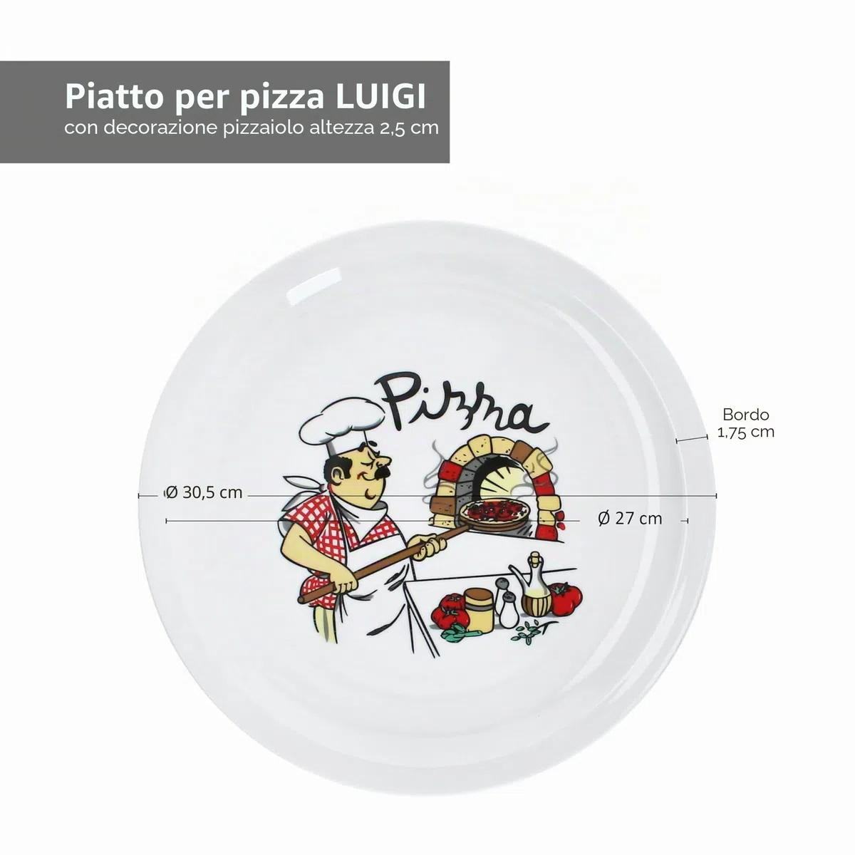 MamboCat Luigi Set di 6 piatti per pizza I Ø 30,5 cm I per 6 persone I Grandi piatti per pizza bianchi in porcellana con motivo da pizzaiolo I Per pizze o per servire I Piatti piani