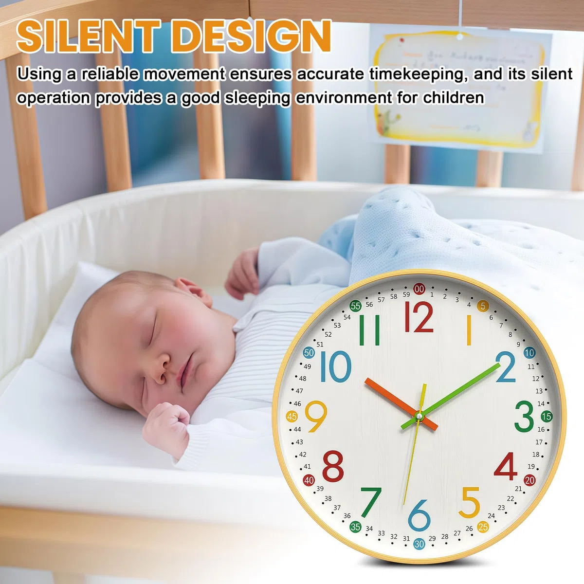 Orologio da parete per bambini, senza ticchettio: 12"/30 cm, silenzioso, con numeri colorati, orologio da parete per bambini, per scuola, camera da letto, aula, cameretta dei bambini