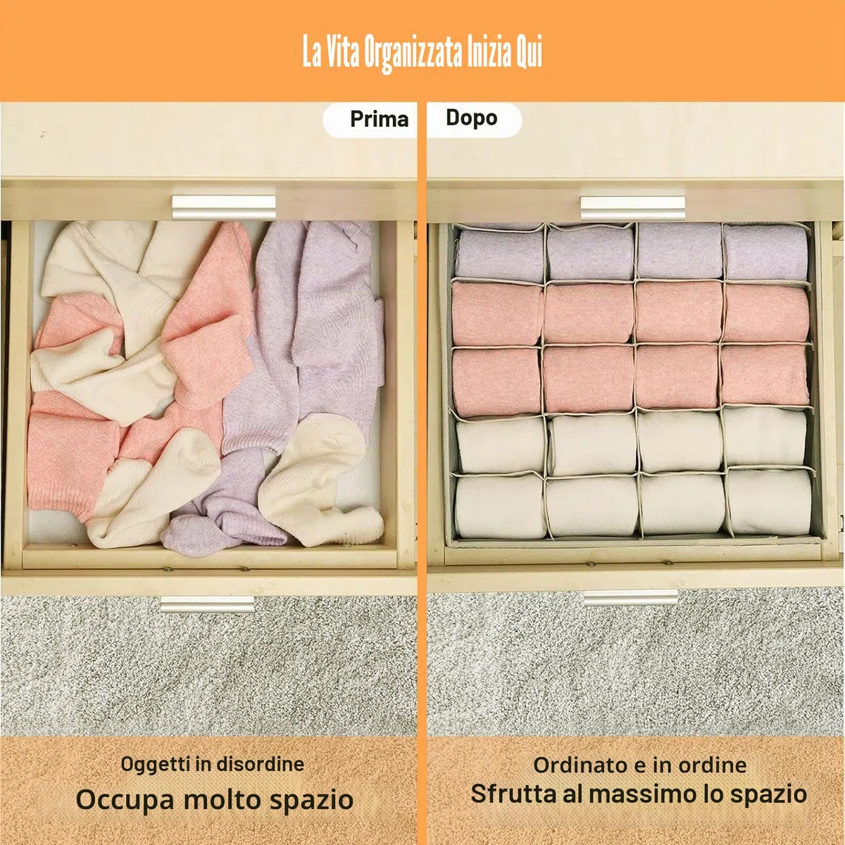 Yucch 3 Pezzi Organizer Cassetti, 24 Scomparti Pieghevole Porta Calzini da Cassetto Organizzatore Cassetti per Biancheria Mutande, Calze, Cravatte, Cinture (Grigio)