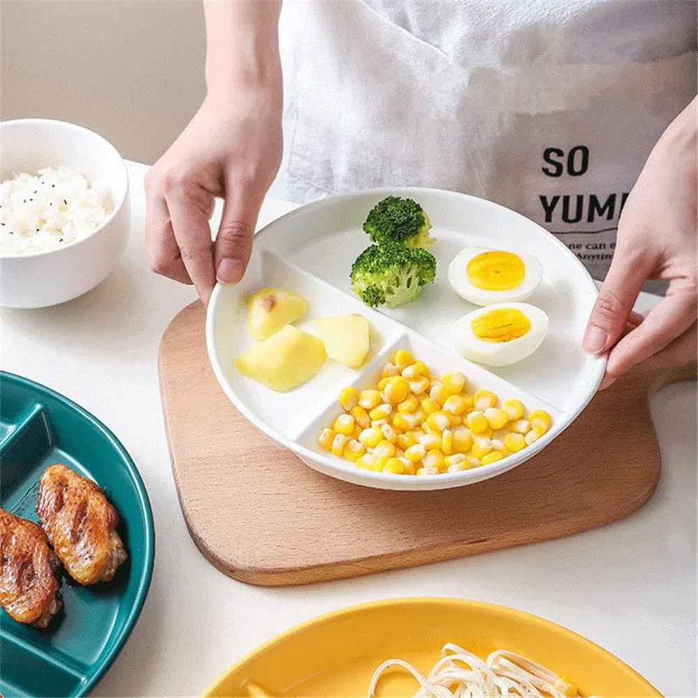 Piatto 3 Scomparti Ceramica, Piatto Diviso Dieta per Adulti, Piatti per Snack, insalata, Dessert, Spaghetti, Bistecca (8 Pollici)