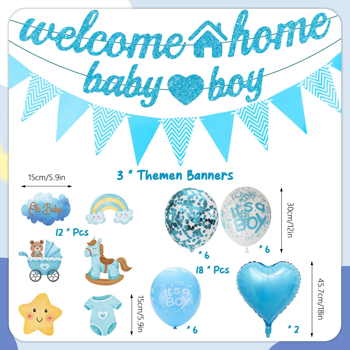 Benvenuto a casa, decorazione per bambini, 34 pezzi, blu, Welcome Home Baby Boy Banner, ghirlanda, ghirlande sospese, palloncini per Welcome Home Shower baby shower