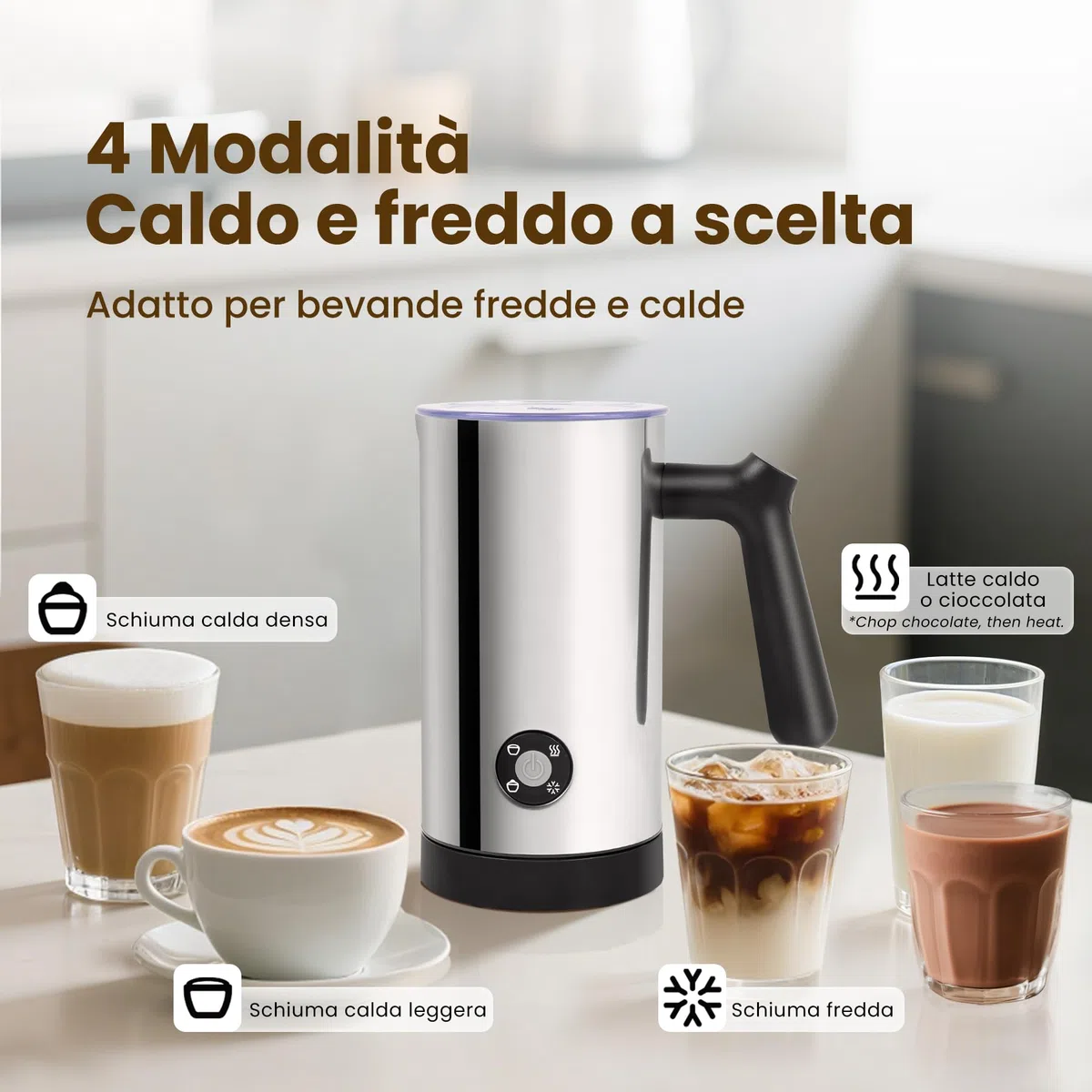 Montalatte Elettrico 4 in 1, Scaldalatte per Calda e Fredda in Acciaio Inossidabile per Cappuccinatore，Caffè, Cioccolata 300ML