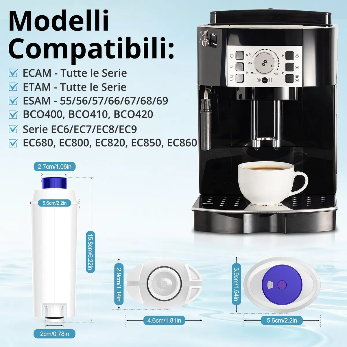 Filtro Delonghi Macchina Caffè, Filtro Macchina Caffe Delonghi Magnifica s Dinamica, ECAM, ETAM, ESAM, BCO, EC Séries, Addolcitore Macchina Caffe DLSC002(2 pezzi)
