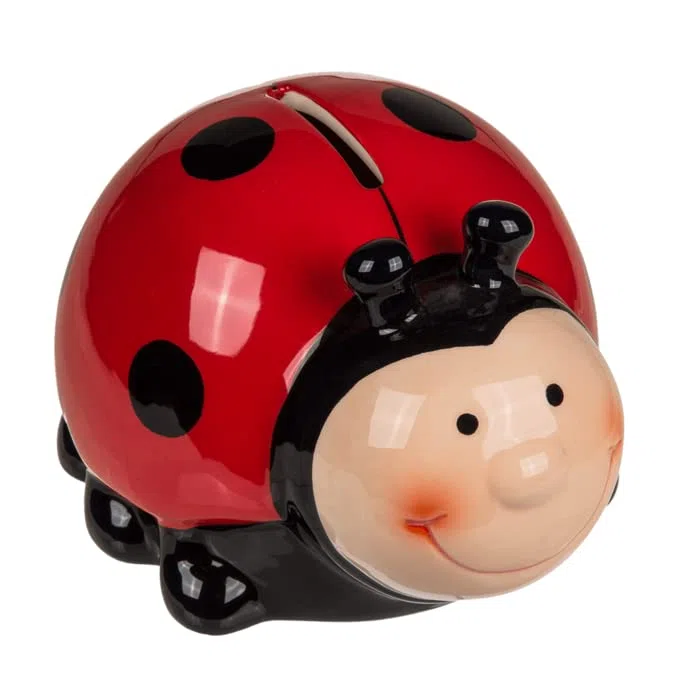 Salvadanaio in ceramica a forma di coccinella con coperchio e chiave, Rosso, 11.5 x 9.5 cm, 245 grammi, Bambini e adulti che apprezzano oggetti decorativi e divertenti