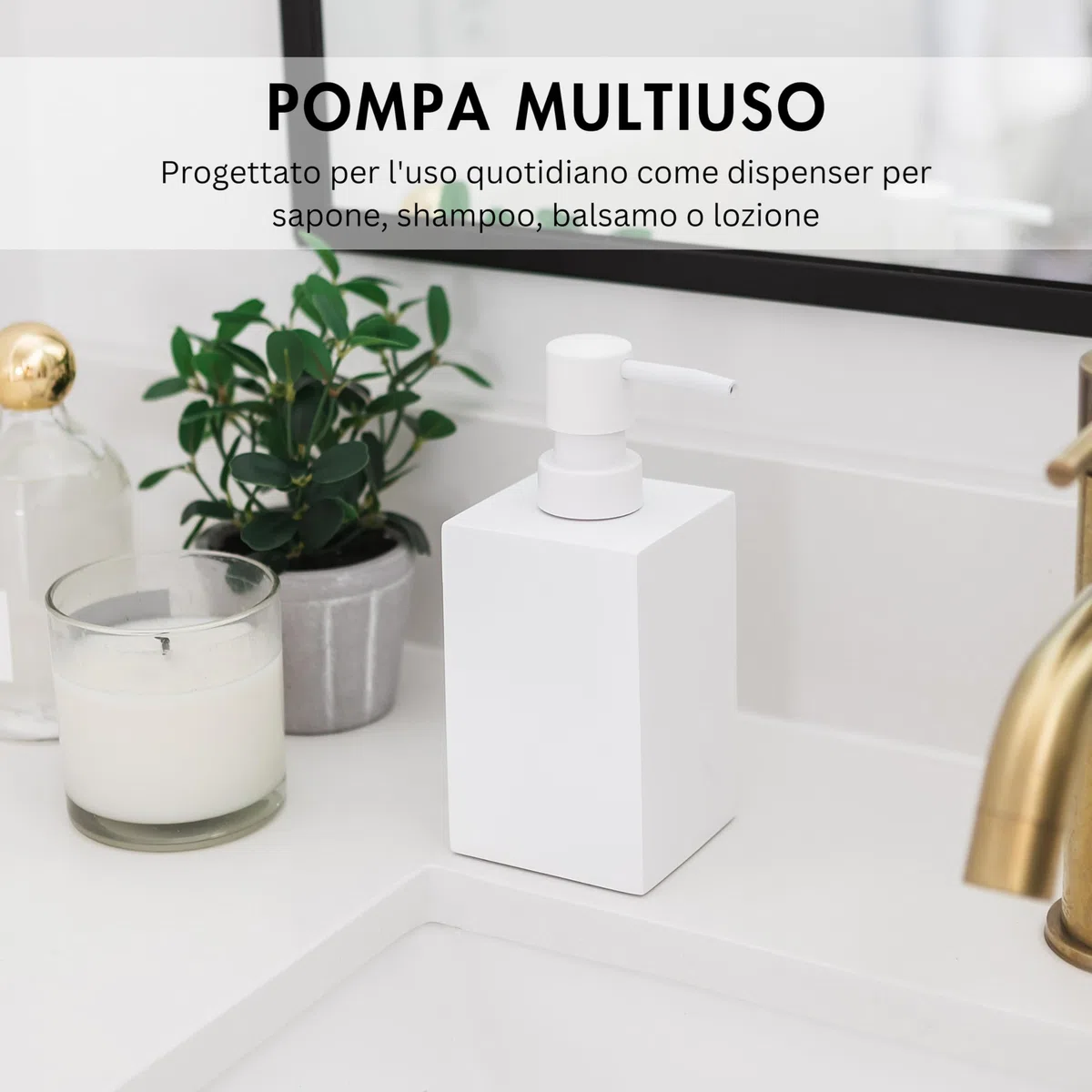 Yew Design dispenser di sapone bianco opaco per il bagno, 450 ml, pompa quadrata in acciaio inox per sapone liquido, piatti o mani, per lavello da cucina, piano di lavoro e bagno