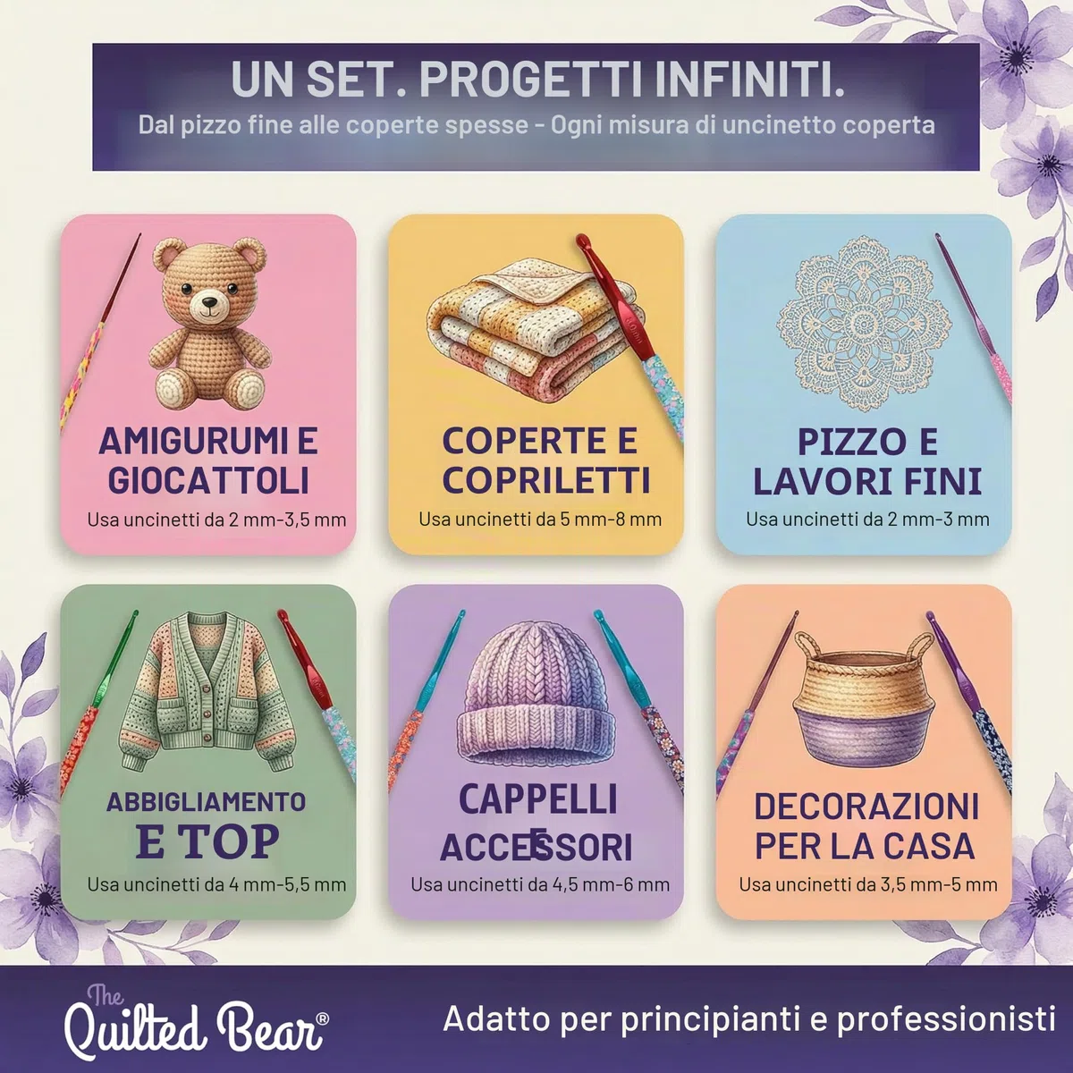 The Quilted Bear Uncinetti Set da 12 - Kit Uncinetti Ergonomici - Presa Morbida in Argilla Polimerica - Uncinetto Principianti e Professionisti - Motivo Floreale Colorato (Misura da 2 mm a 8 mm)