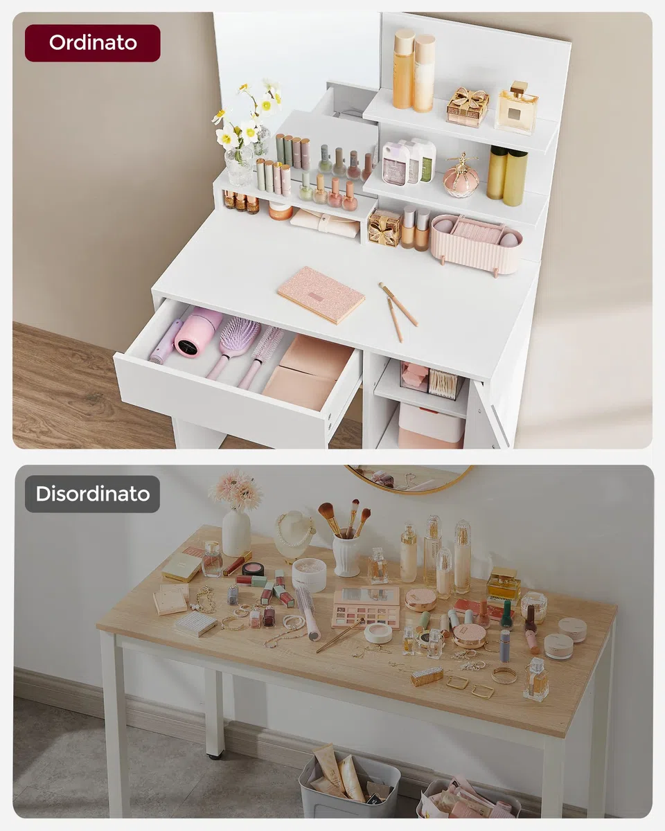 VASAGLE KAILYN Collezione - Toeletta, Tavolo da Trucco con Specchio Grande, Scomparto con 2 Ripiani Regolabili, 1 Cassetto, 2 Mensole, Postazione Trucco Moderna, Bianco RDT119W01