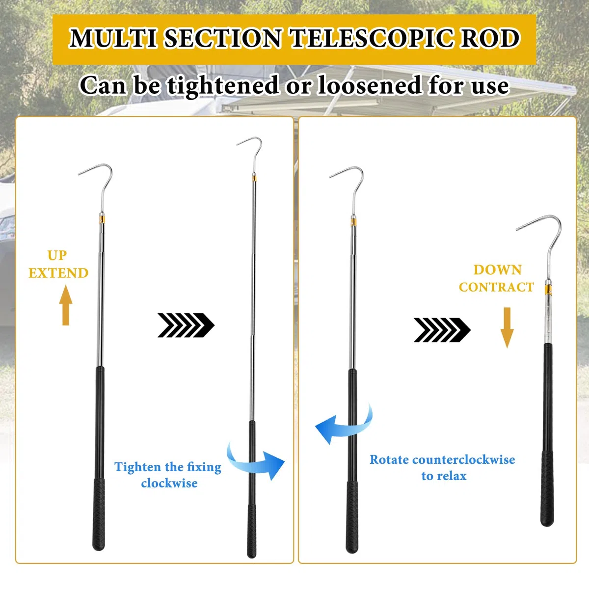 Asta telescopica con gancio 41cm-150cm Apritenda telescopico con gancio Gancio di trazione per scale retrattili, Asta telescopica Gancio a serpente, per camper, Accessori portatili