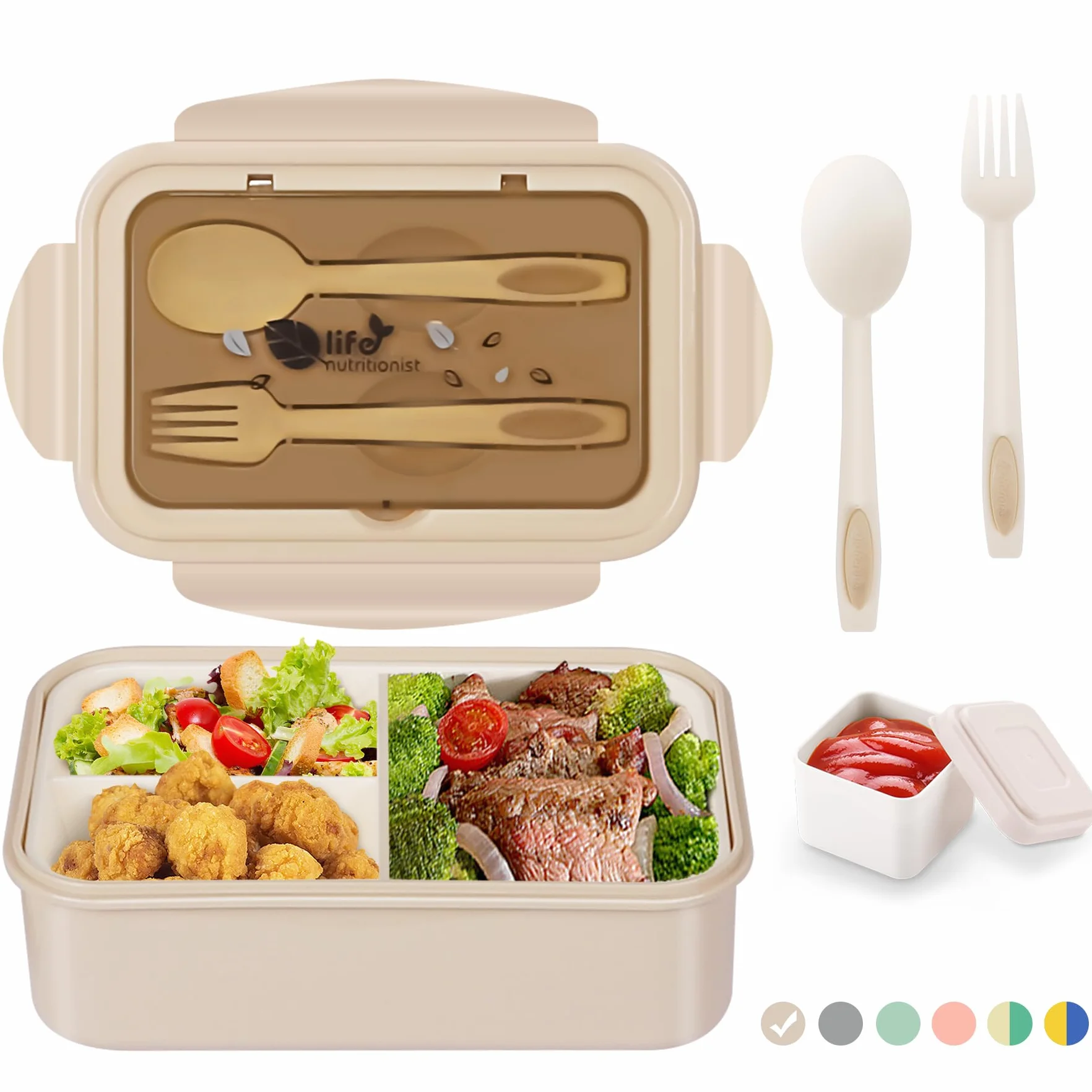 LUZOON Bento Lunch Box,1400ml Bento Box con 3 Scomparti e Posate per Adulti, Porta Pranzo con Posate e Scatola Per Salse,Senza BPA,Sicuri per Microonde e Lavastoviglie (Kaki)