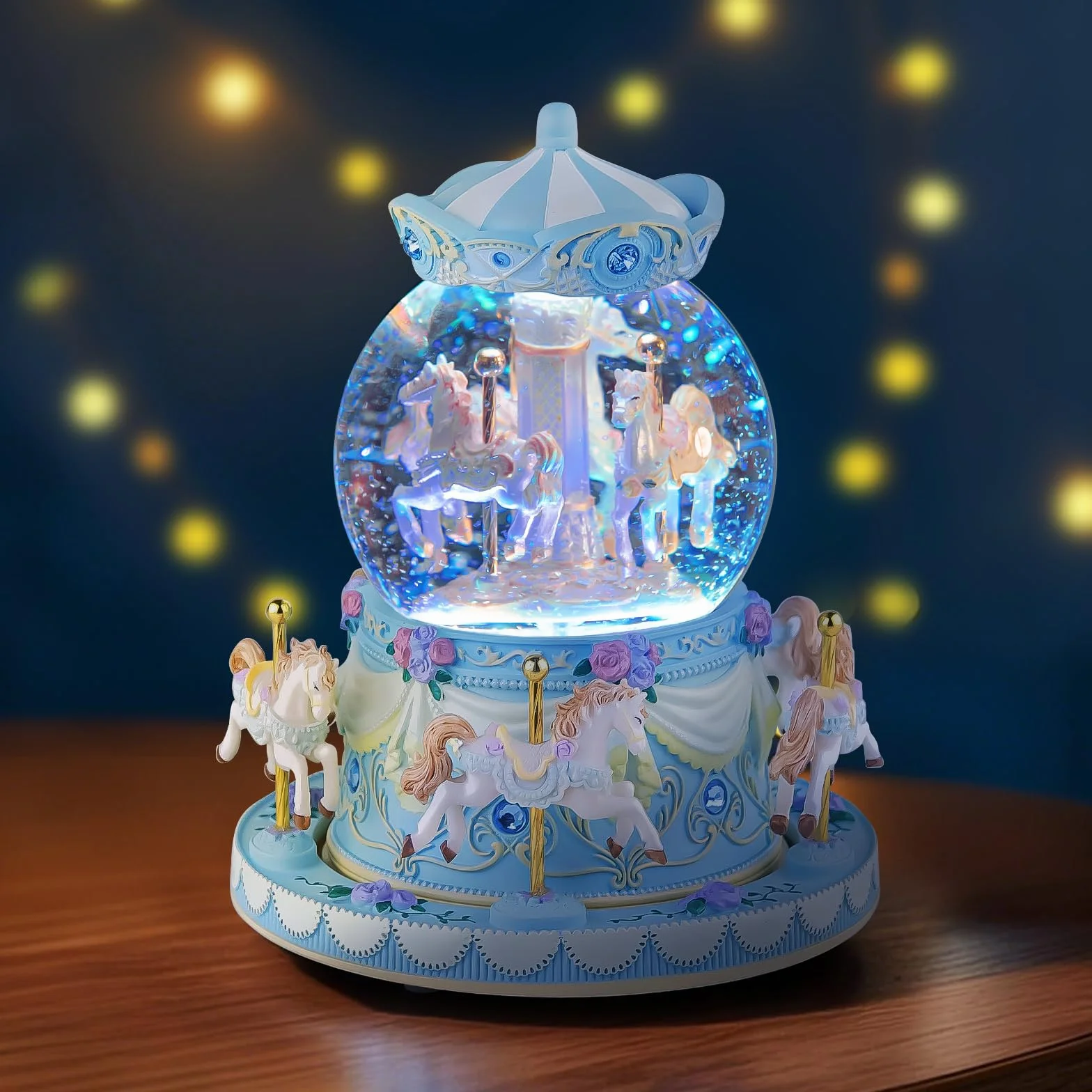 Carillon con carillon a forma di giostra, regalo di compleanno per ragazze, con carosello blu, palla di neve con cavallo, moglie, fidanzata, figlia, mamma, figlio, anniversario, festa della mamma, con