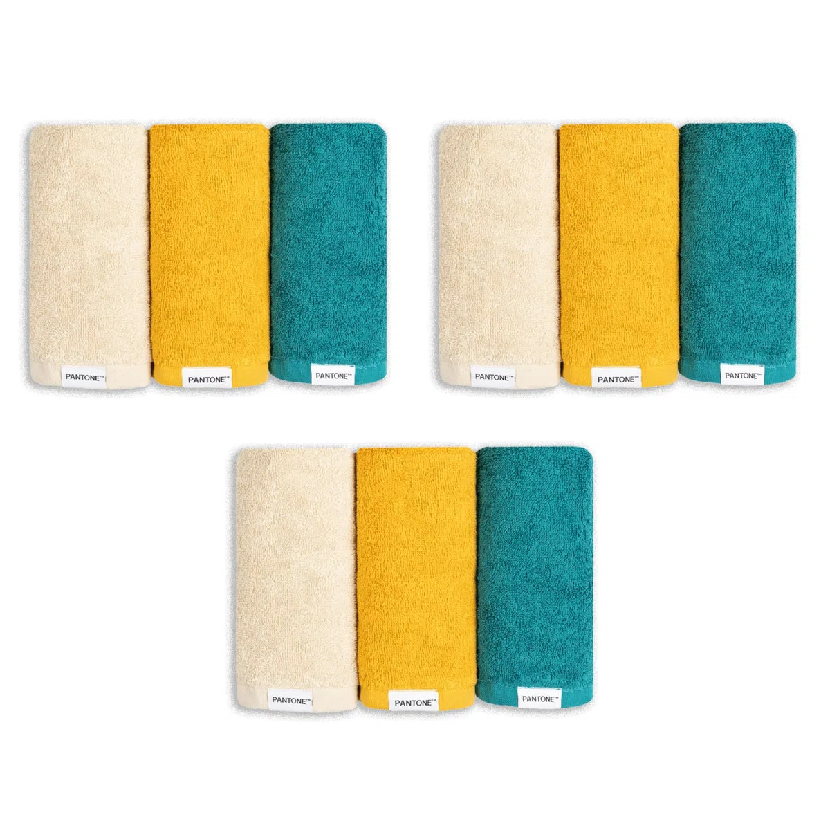 PANTONE™ - Lavette Bagno 30x30 cm, 9 Pz in Spugna Puro Cotone 100% Certificato OEKO-TEX, Set Asciugamani Bagno Multiuso Morbidi Assorbenti Validi anche come Panno Struccante Viso, Ottanio/Oro/Vaniglia