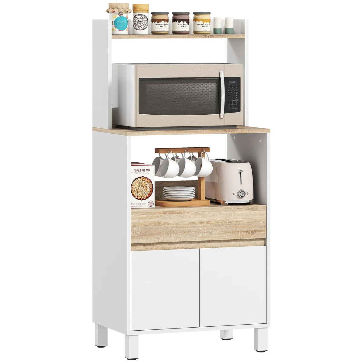 HOMCOM Mobile Microonde con Armadietto a 2 Ante Soft Close, Credenza Cucina Microonde con Cassetto, Piano per Elettrodomestici, Scaffale Superiore, Ripiano Aperto, per Soggiorno, 60x40x131cm, Bianco