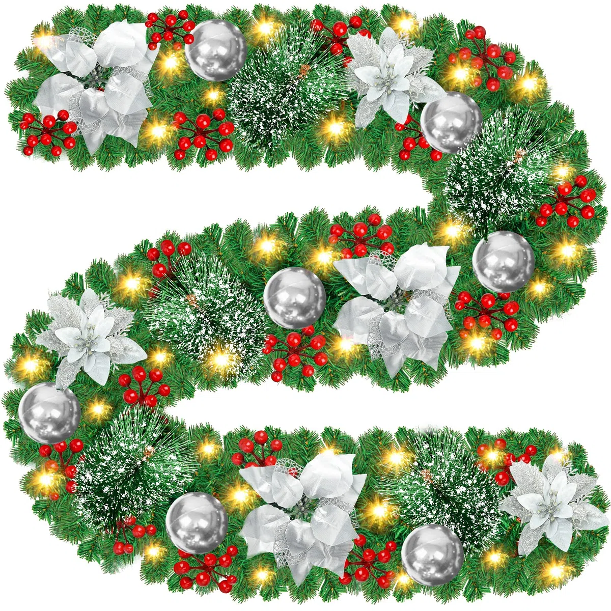 Ghirlanda di Natale Decorazioni, 2.7m Ghirlanda Natalizia con Luci a LED, Ghirlanda di Natale Artificiale, per Camini,Scale,Decorazioni dell'albero di Natale - D'argento