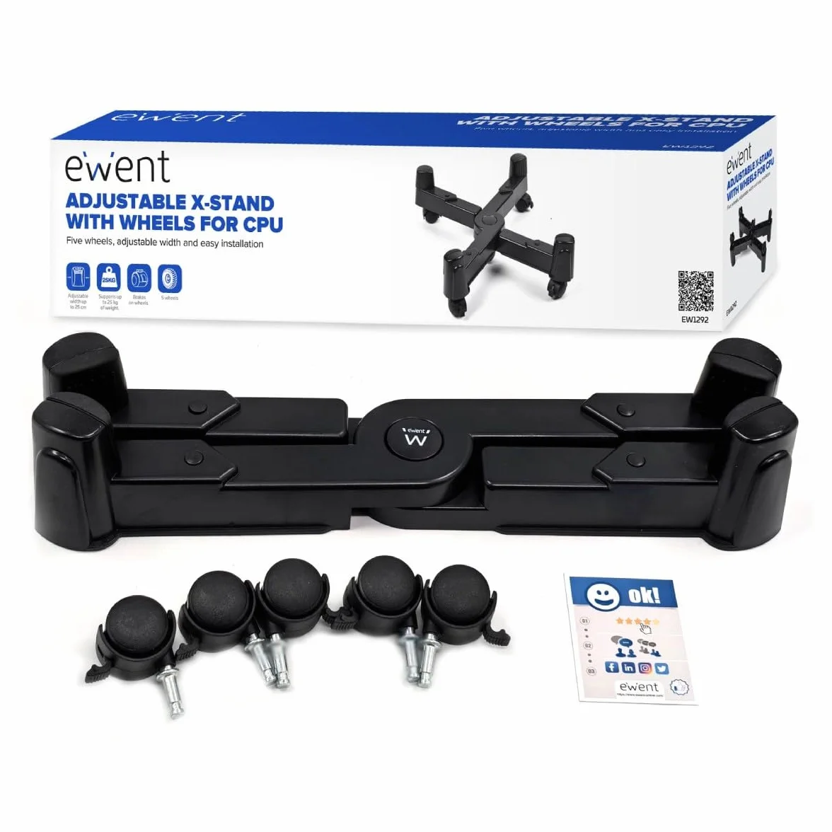 Supporto Regolabile per CPU con Ruote, Larghezza Fino a 25 cm, Capacità di Carico 25 kg, con Ruote Blocabili, Colore Nero - EW1292