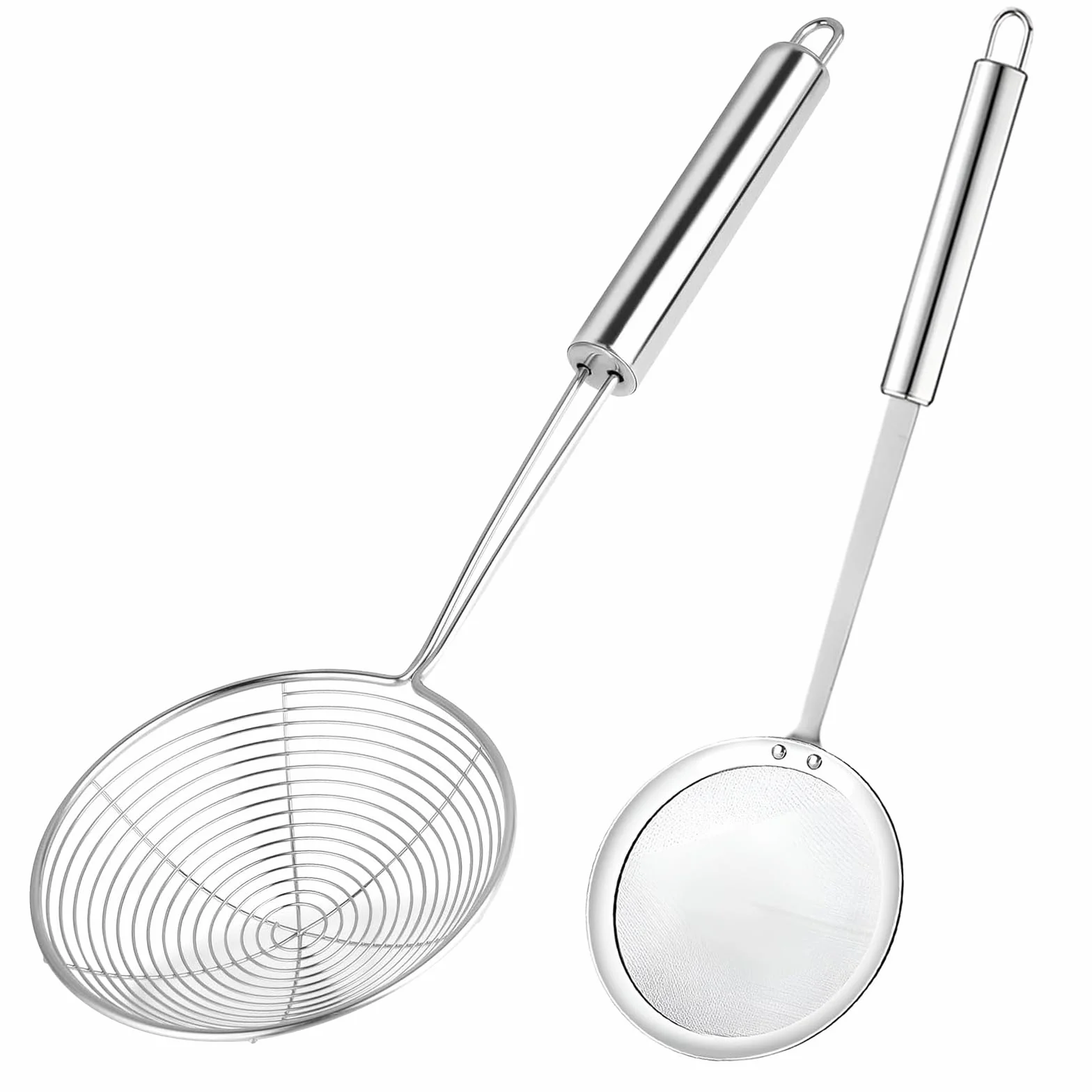 2 Pezzi Schiumarola, Colino in Acciaio Inox, Ragno Cucina con Manico Lungo, Schiumarola Scolapasta per Cucinare in Cucina, Grigliare, Cuocere a Vapore e Scolare, Diametro: 14 cm, 12 cm