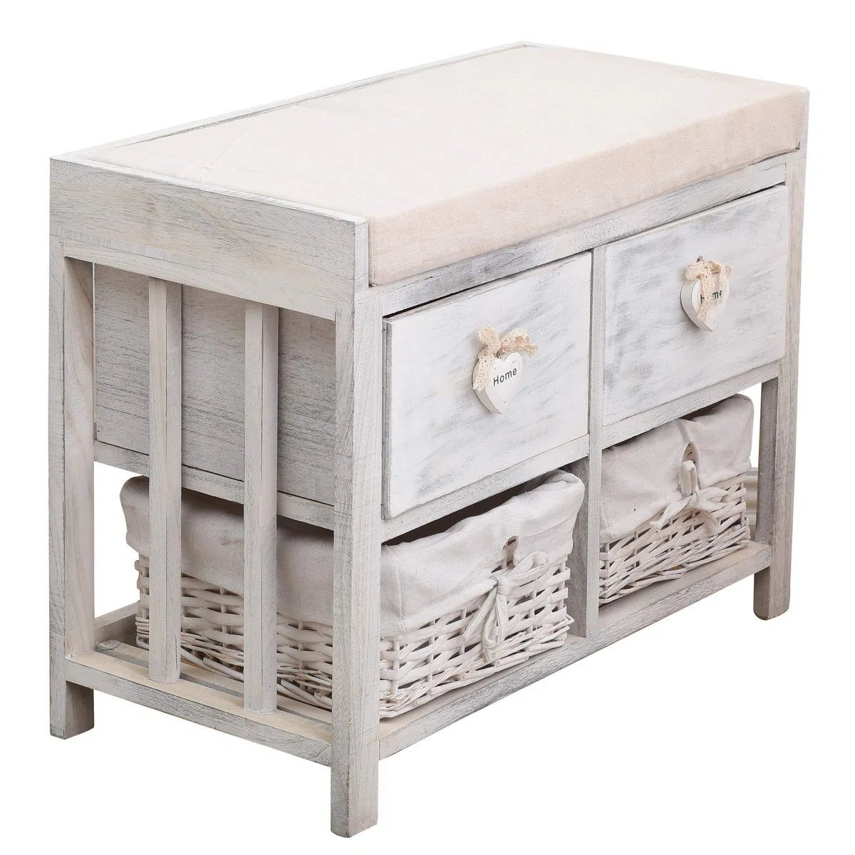 Rebecca Mobili Panchina contenitore di legno, seduta imbottita 2 cassetti e 2 ceste vimini, bianco, stile vintage, arredo camera bagno - Misure: 46 x 60 x30 cm (HxLxP) - Art. RE4553