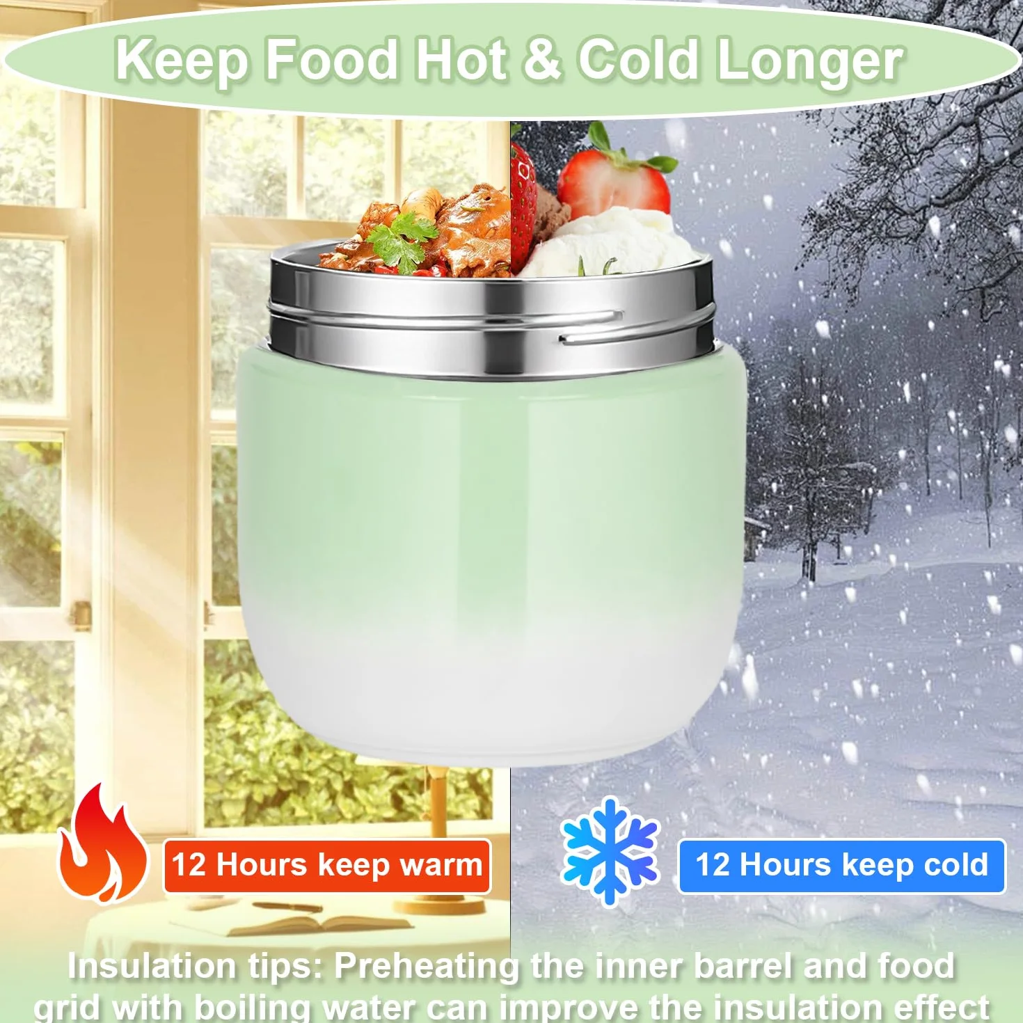 Contenitore Termico per Alimenti 1200 ml,Thermos per Alimenti Porta Pappa,ciotola termica con coperchio con cucchiaio pieghevole,Adatto per la conservazione di farina,zuppa,pranzo,formaggio (Verde)