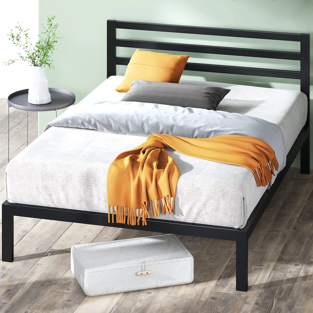 Zinus Mia Struttura Letto 120x190 cm con Testiera in Metallo - Altezza 36 cm - Letto Una Piazza e Mezza con Doghe in Legno e Spazio Sottostante - Facile da Montare - Nero